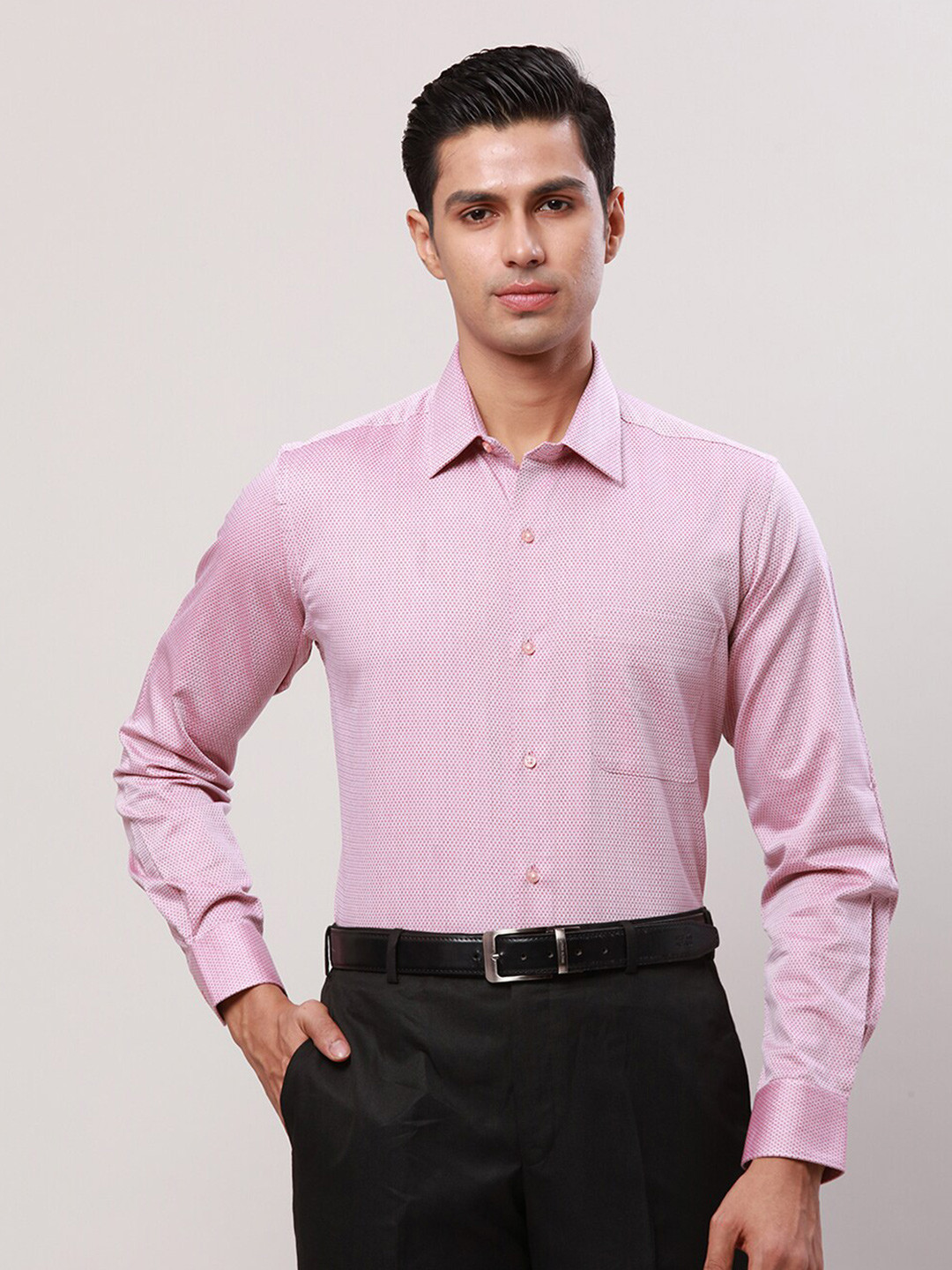 

Raymond Contemporary Fit Self Design Spread Collar Cotton Formal Shirt, Pink