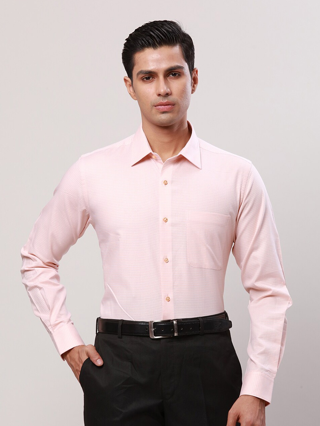 

Raymond Contemporary Fit Self Design Spread Collar Cotton Formal Shirt, Pink