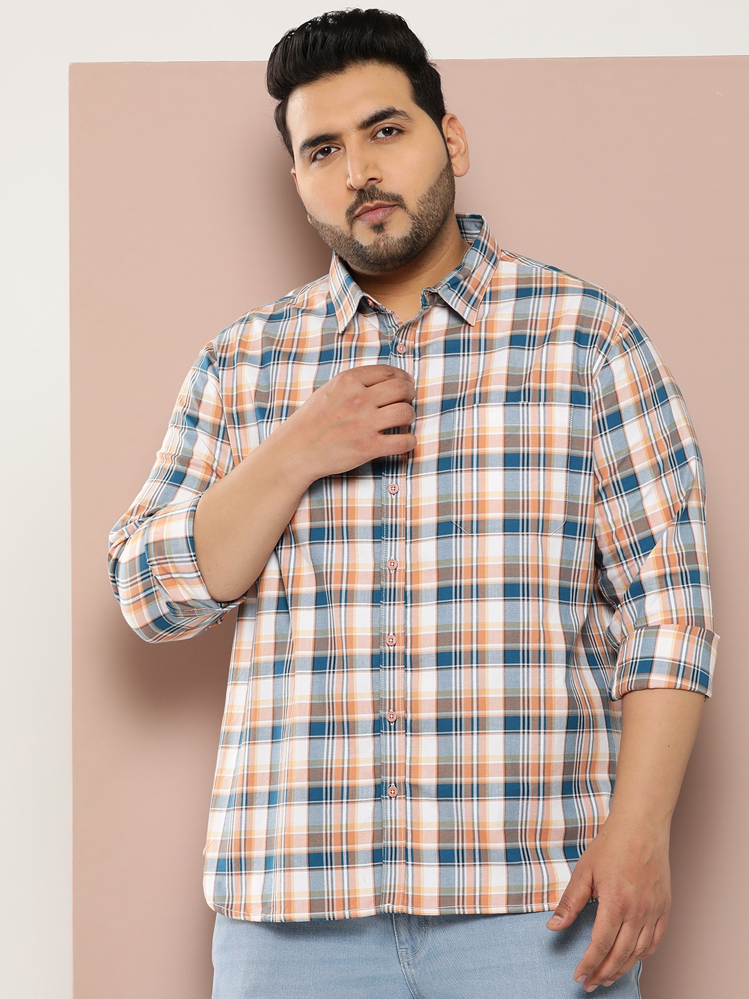 

Sztori Men Plus Size Checked Pure Cotton Casual Shirt, Peach