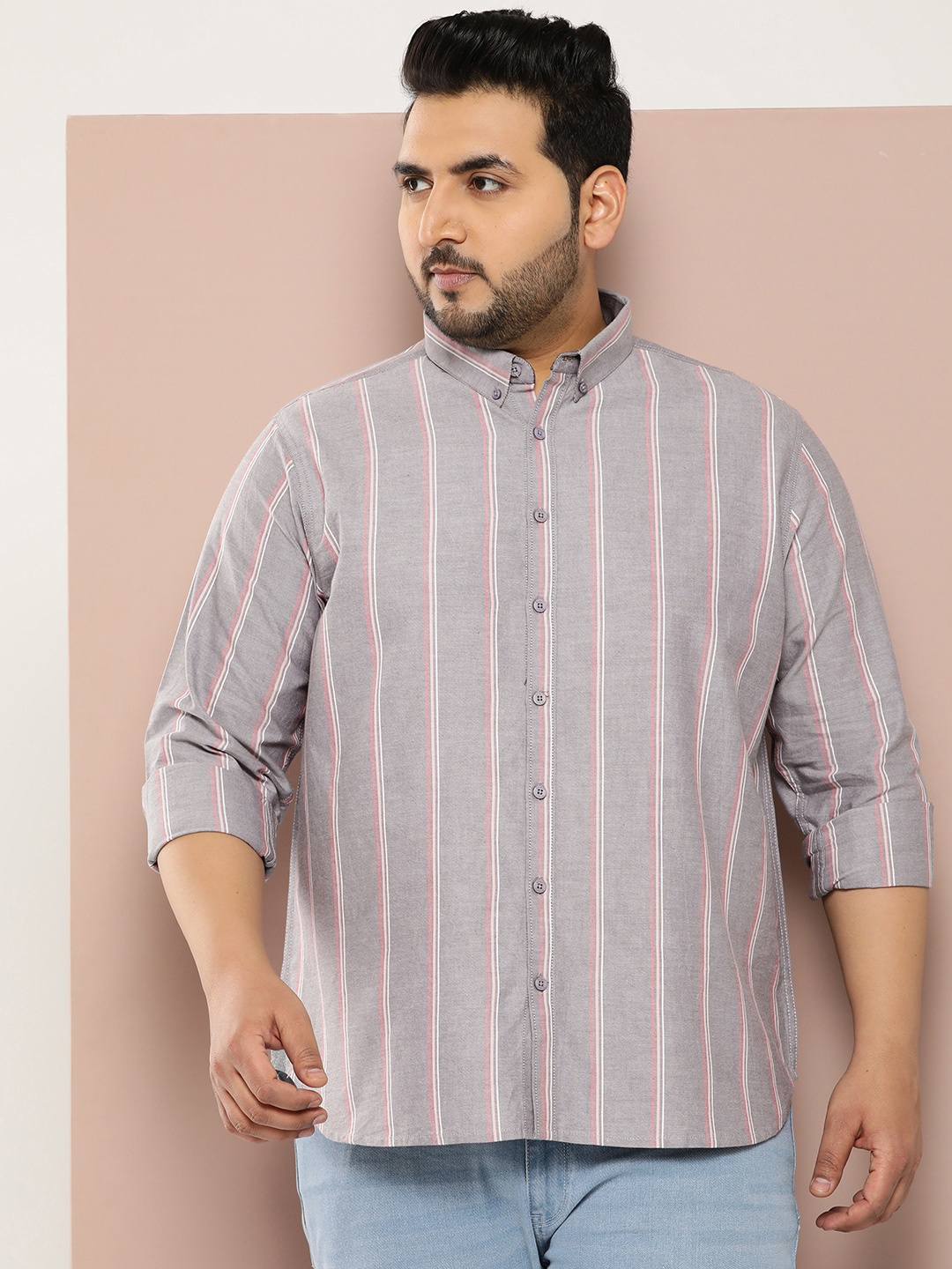 

Sztori Men Plus Size Striped Pure Cotton Casual Shirt, Grey