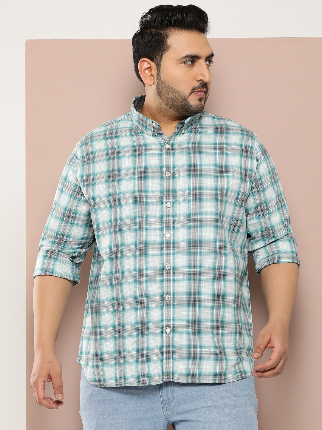 

Sztori Men Plus Size Checked Pure Cotton Casual Shirt, Green