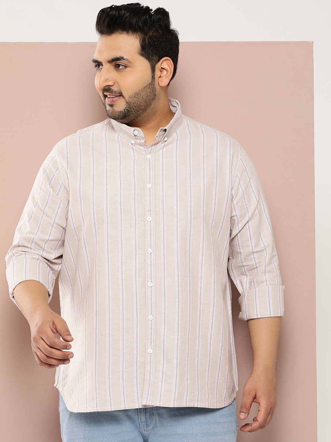 

Sztori Men Plus Size Striped Pure Cotton Casual Shirt, Beige