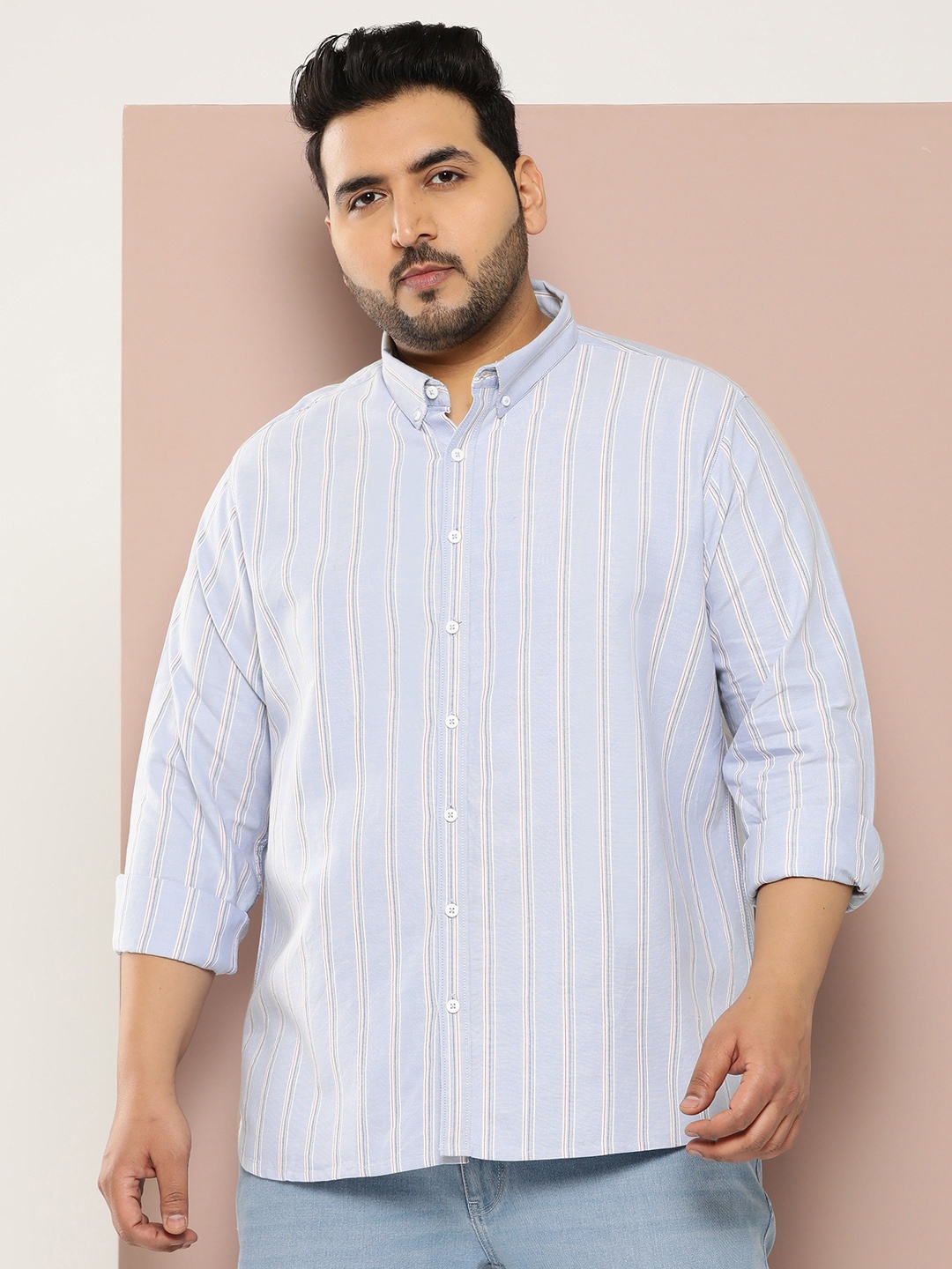 

Sztori Men Plus Size Striped Pure Cotton Casual Shirt, Blue