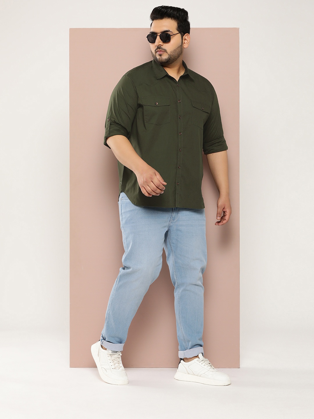

Sztori Men Plus Size Roll-Up Sleeves Pure Cotton Casual Shirt, Olive