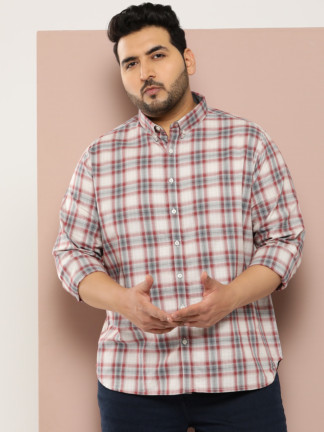 

Sztori Men Plus Size Checked Pure Cotton Casual Shirt, Red