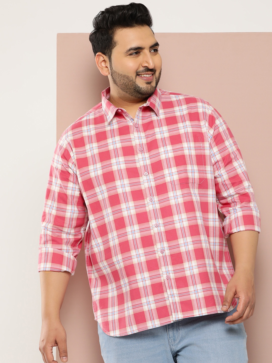 

Sztori Men Plus Size Checked Pure Cotton Casual Shirt, Rose