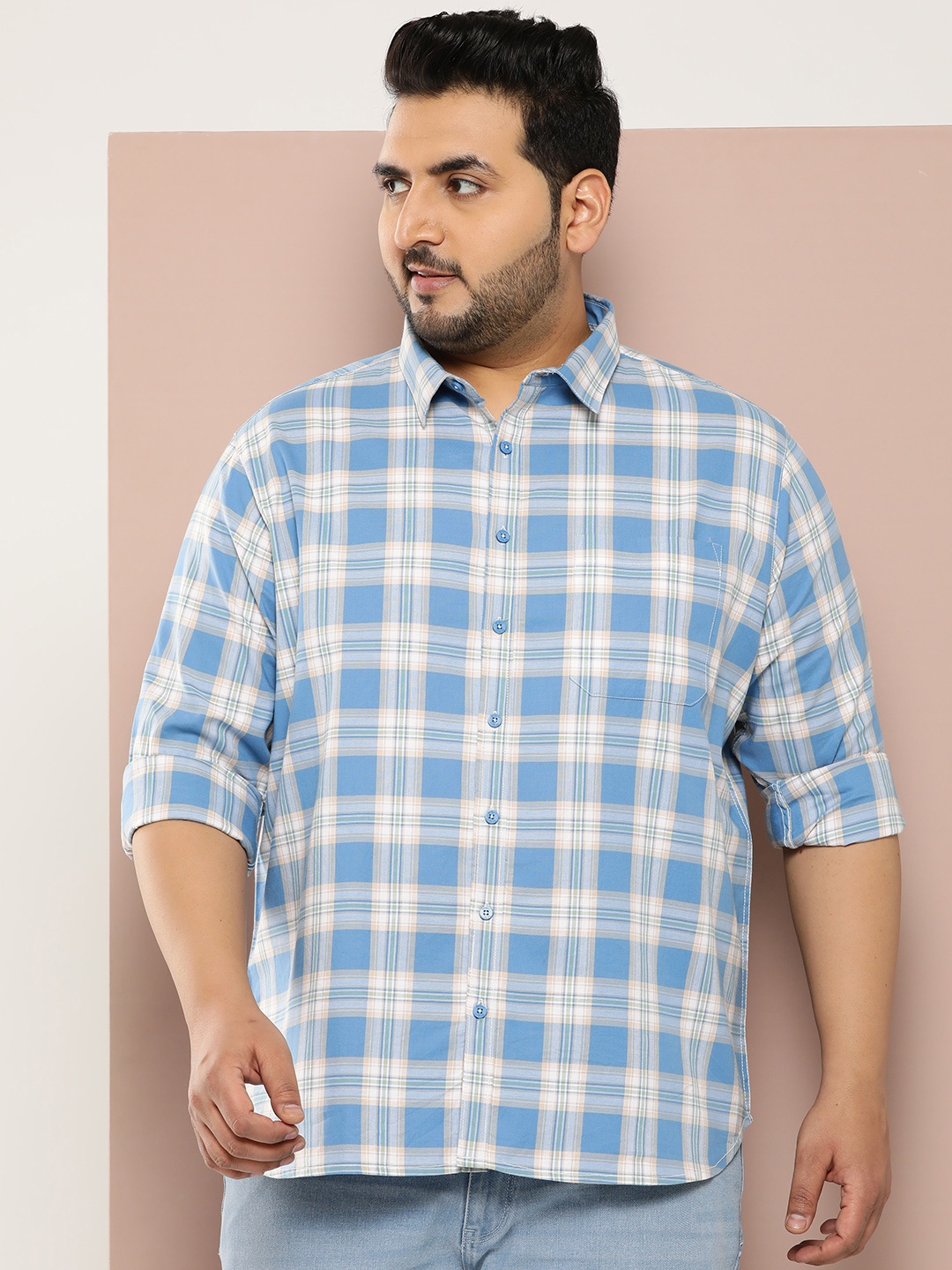 

Sztori Men Plus Size Checked Pure Cotton Casual Shirt, Blue
