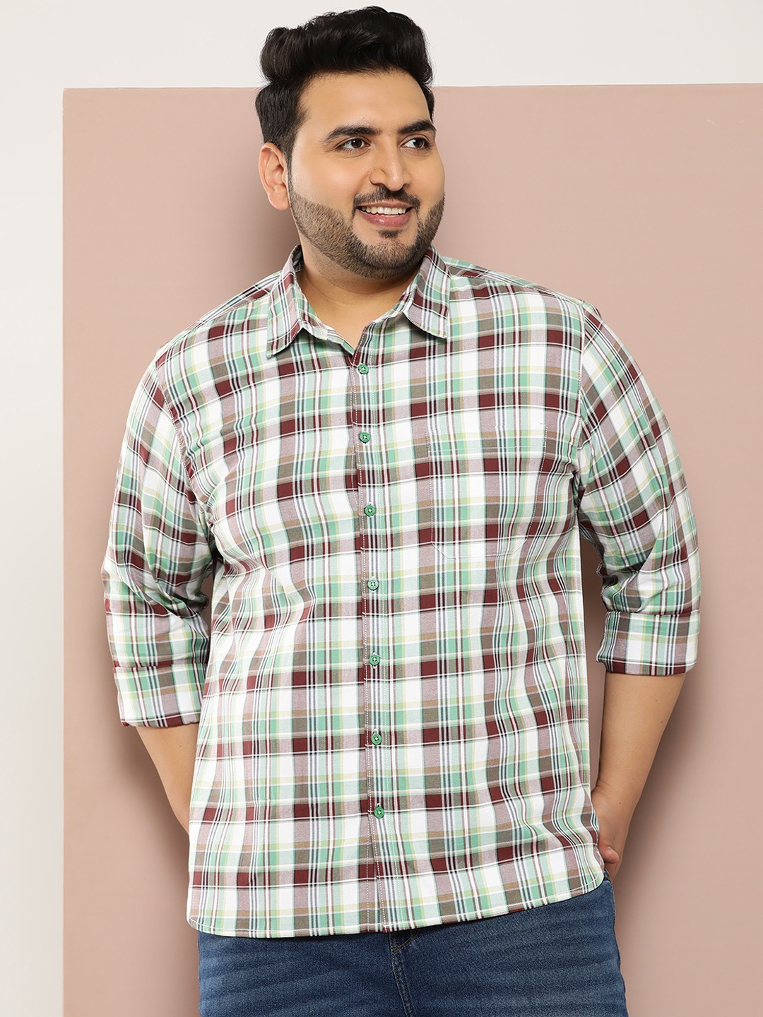

Sztori Men Plus Size Checked Pure Cotton Casual Shirt, Green