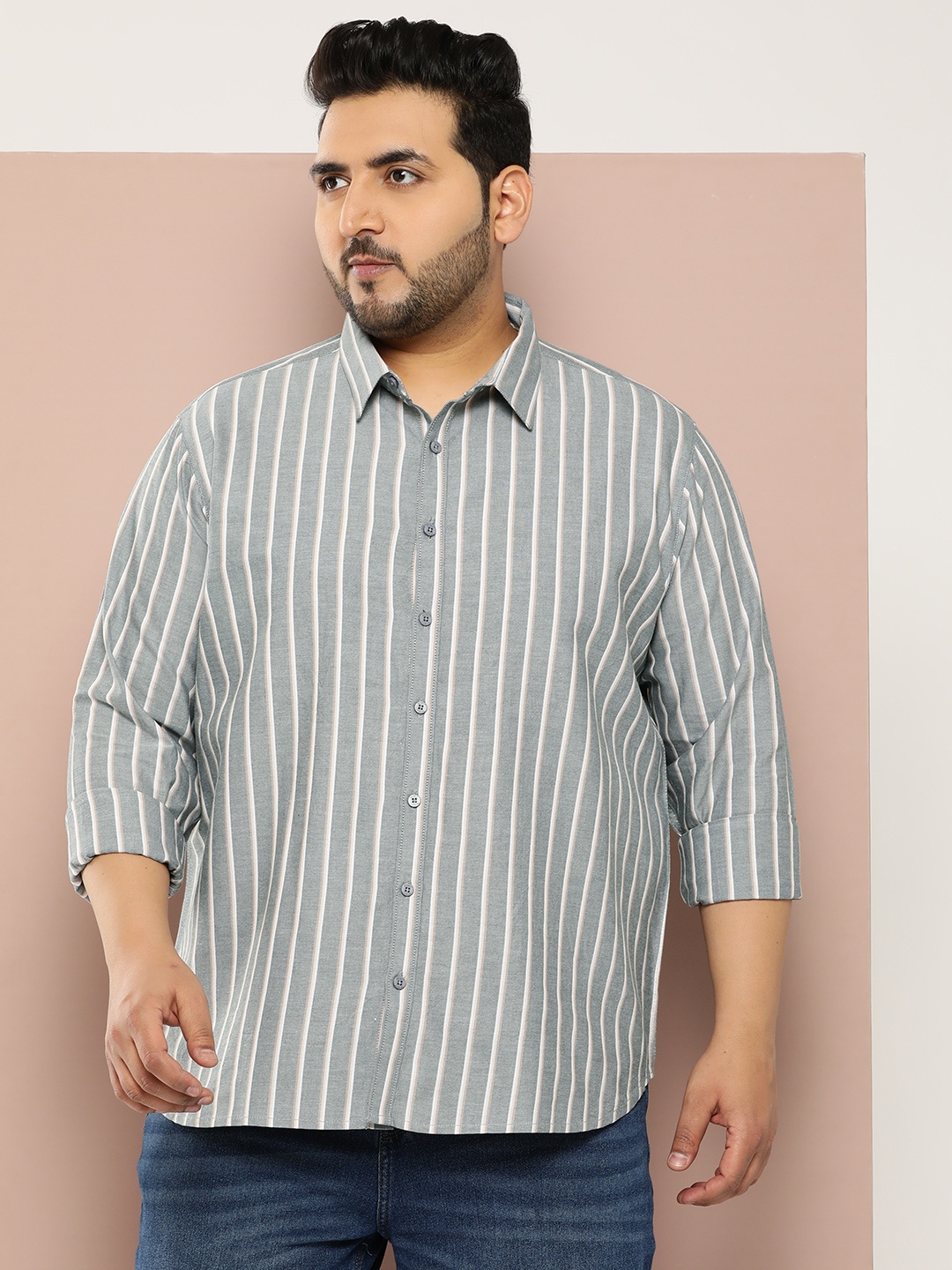 

Sztori Men Plus Size Striped Pure Cotton Casual Shirt, Blue