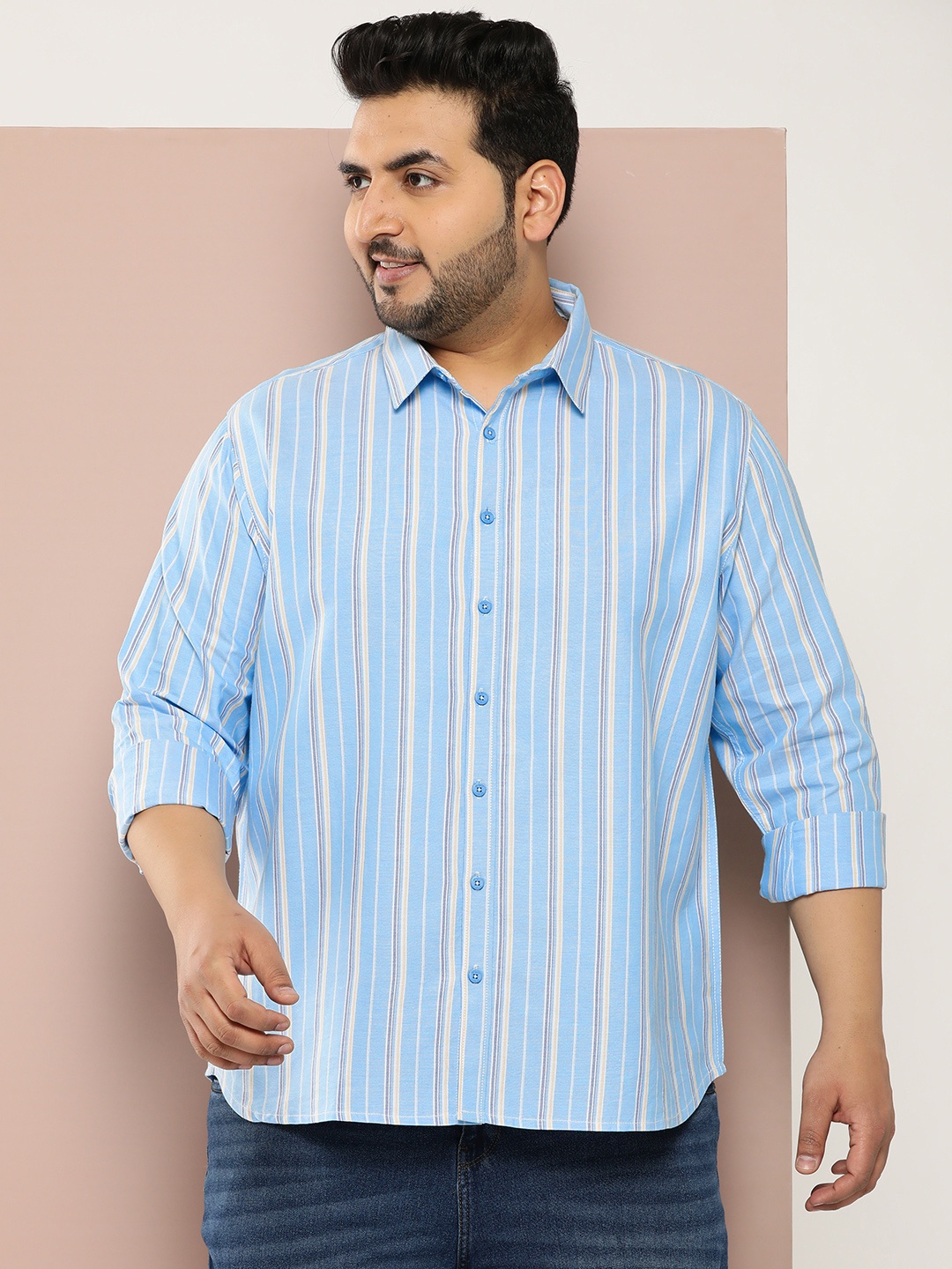 

Sztori Men Plus Size Striped Pure Cotton Casual Shirt, Blue