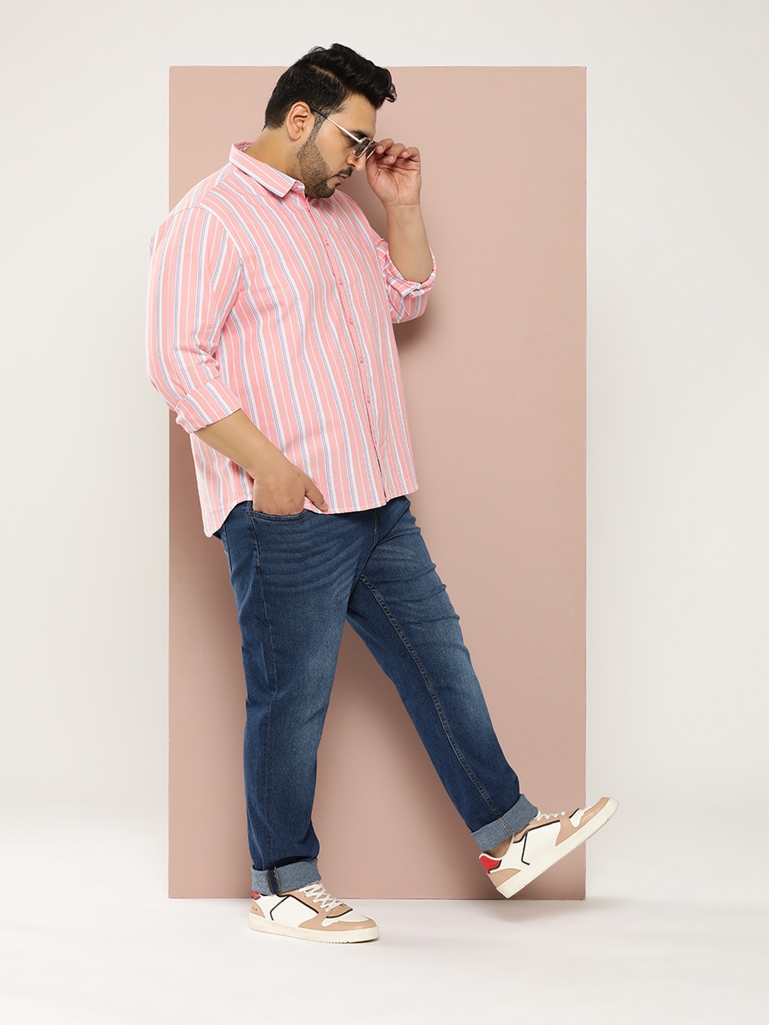 

Sztori Men Plus Size Striped Pure Cotton Casual Shirt, Peach