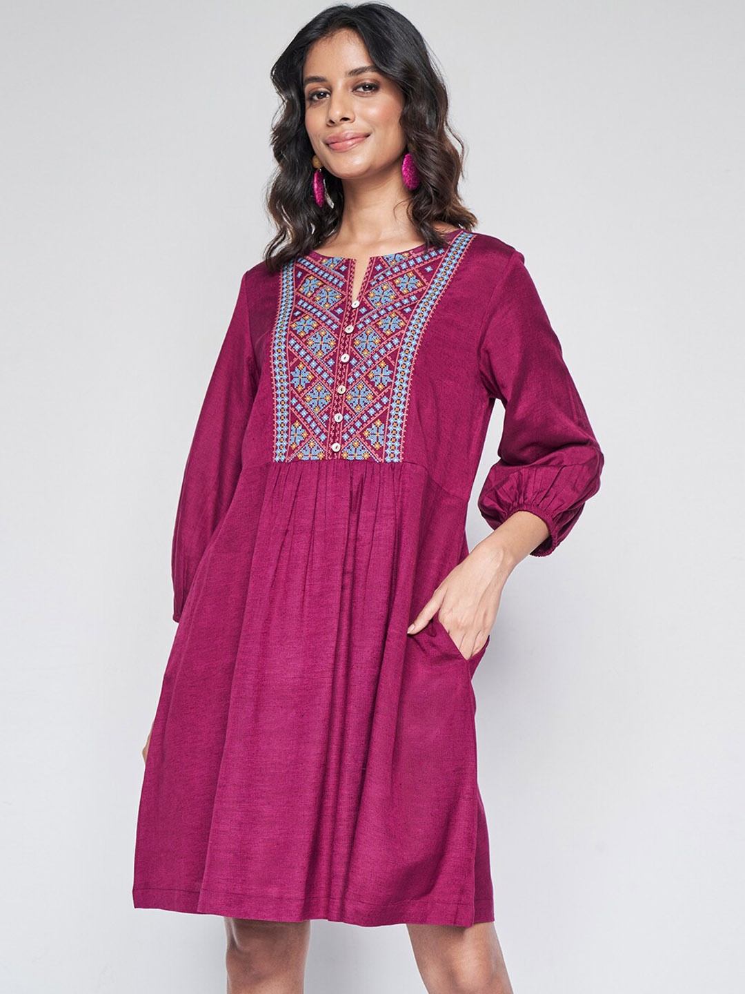 

Global Desi Embroidered A-Line Above Knee Dress, Purple