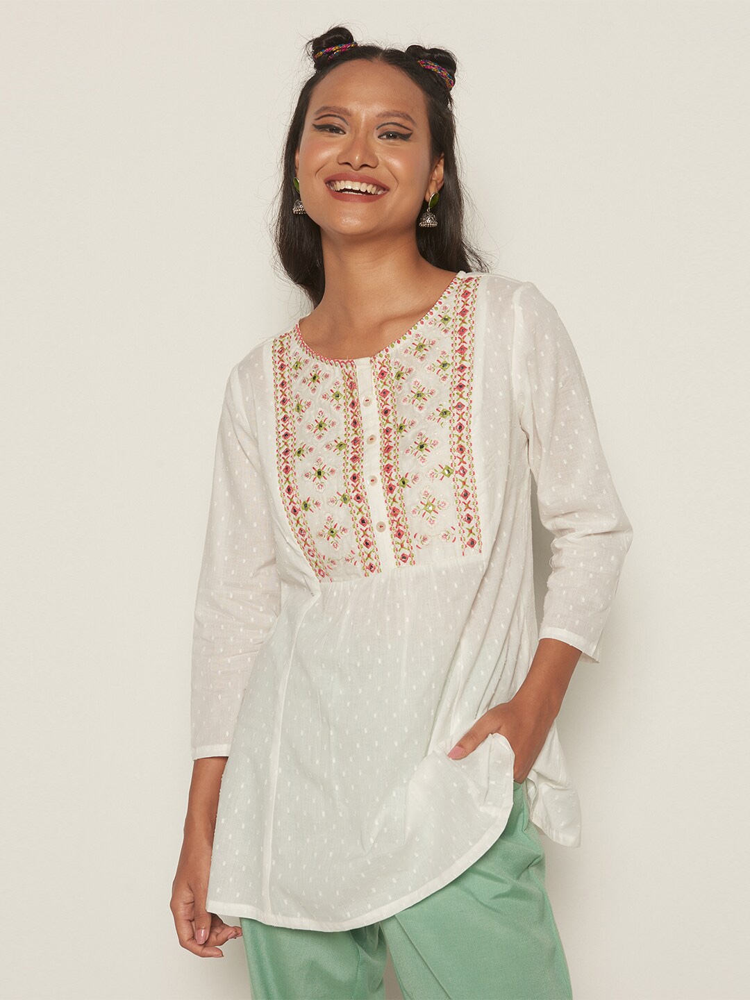 

Global Desi Floral Embroidered Round Neck Mirror Work Pure Cotton A-Line Kurti, White