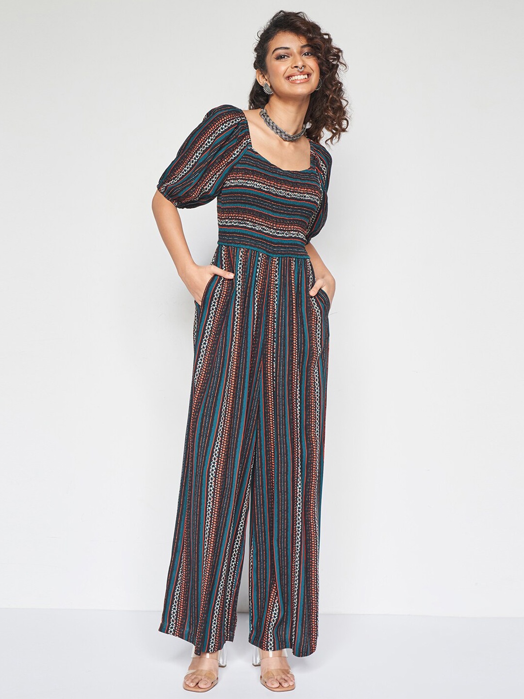 

Global Desi Striped Basic Jumpsuit, Black