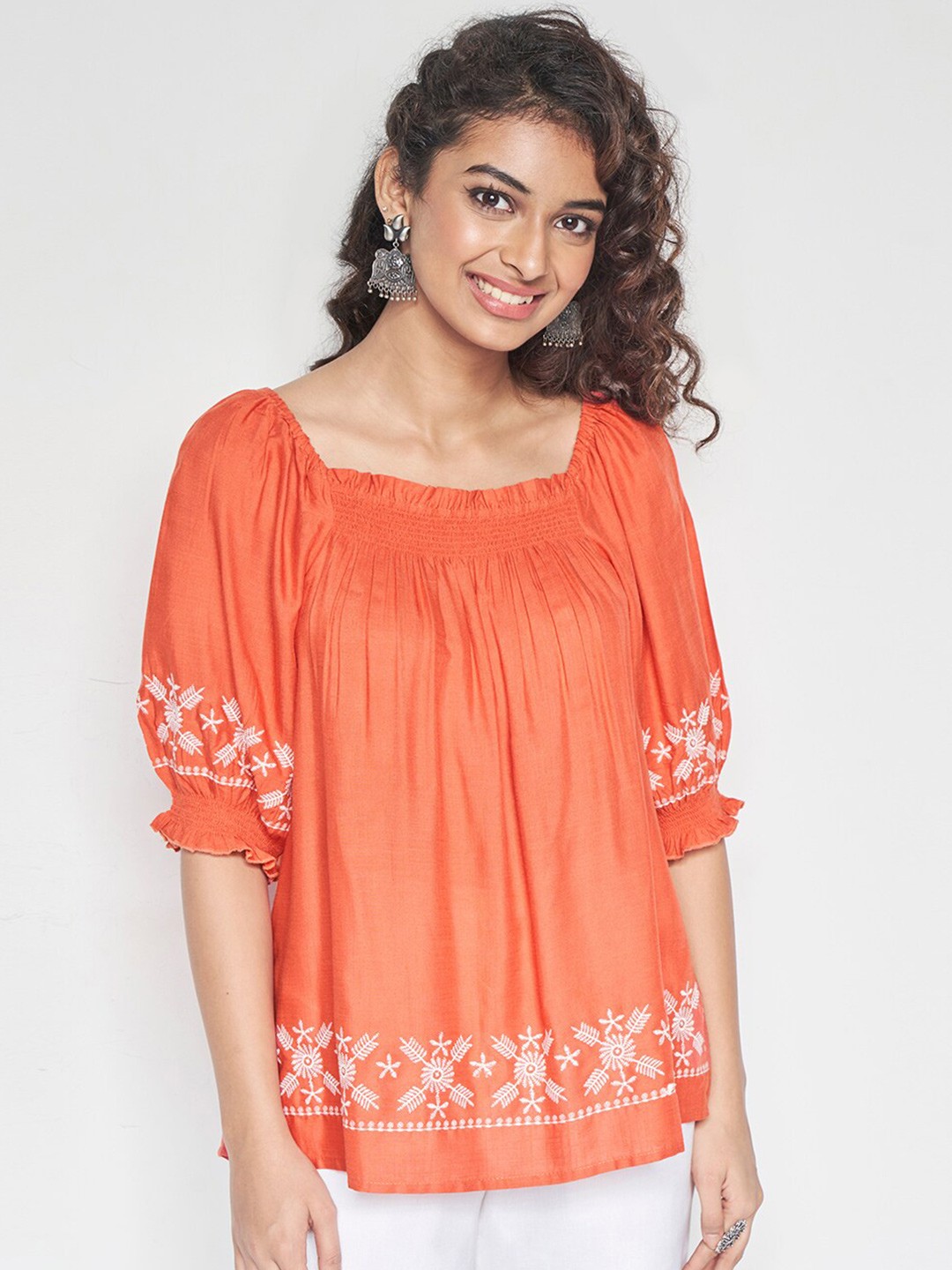 

Global Desi Puff Sleeves Embroidered Regular Top, Orange