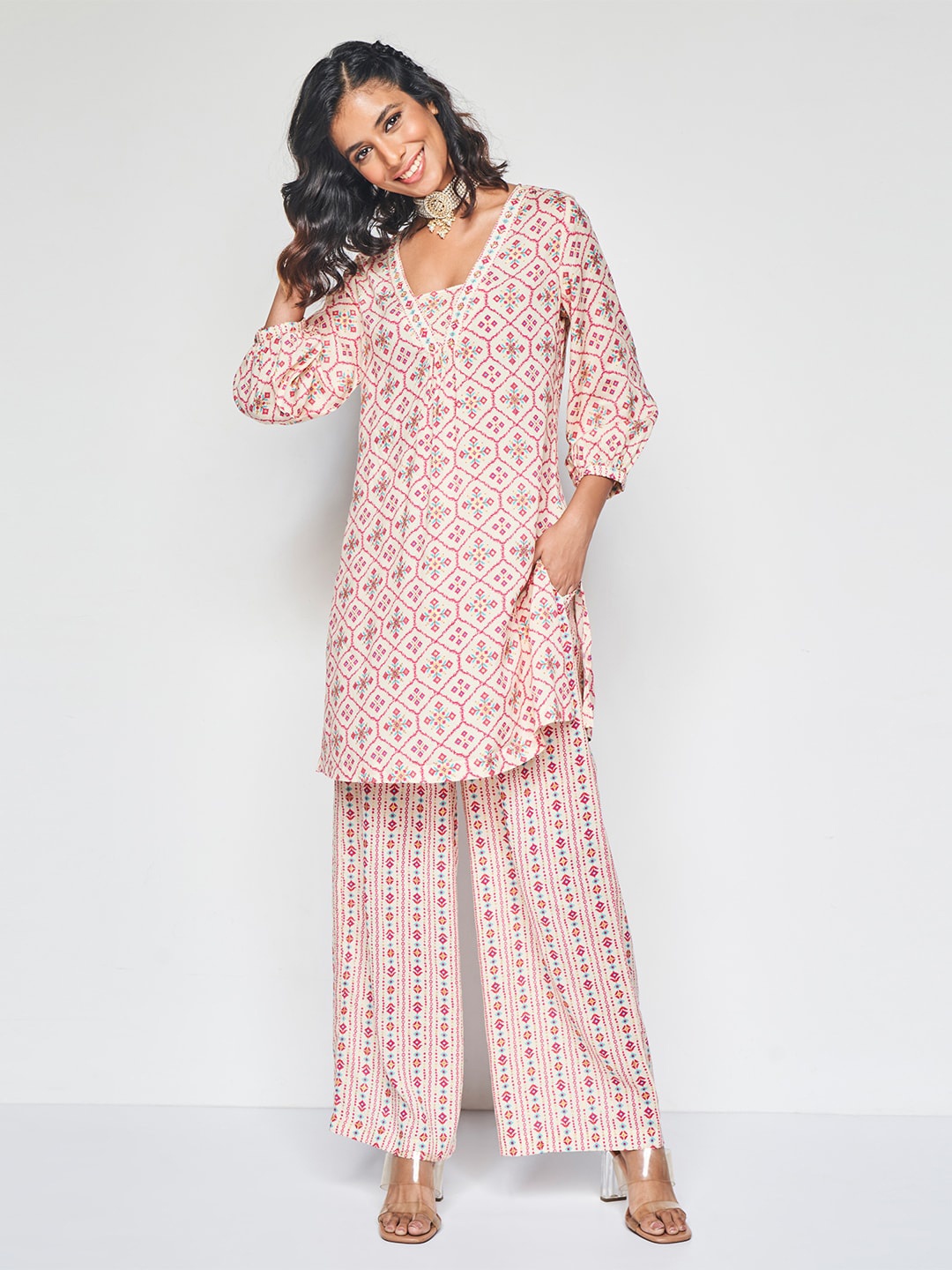 

Global Desi Ethnic Printed Kurta with Palazzos, Off white