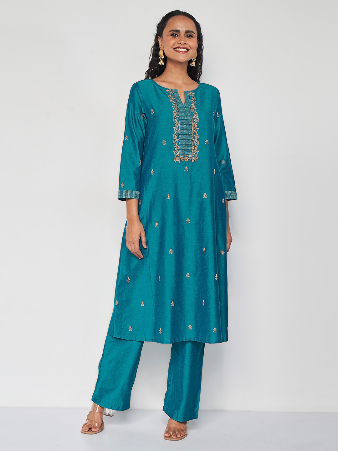 

Global Desi Floral Embroidered Thread Work Detail A-Line Kurta with Trousers, Teal