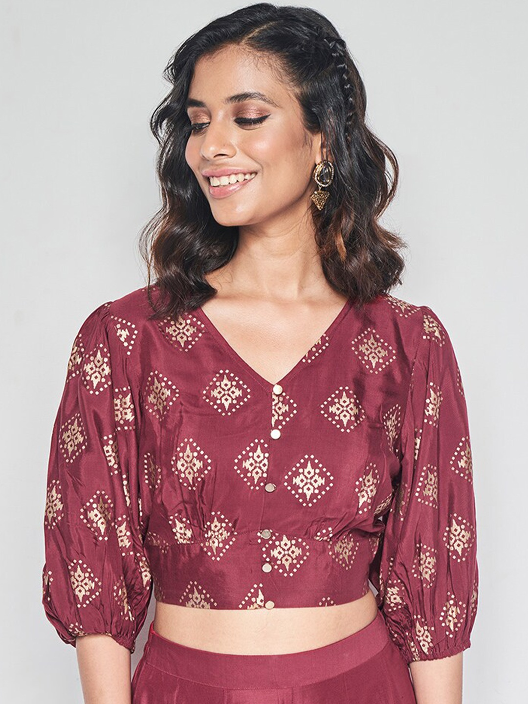 

Global Desi Ethnic Motifs Printed Puff Sleeves Crop Top, Maroon