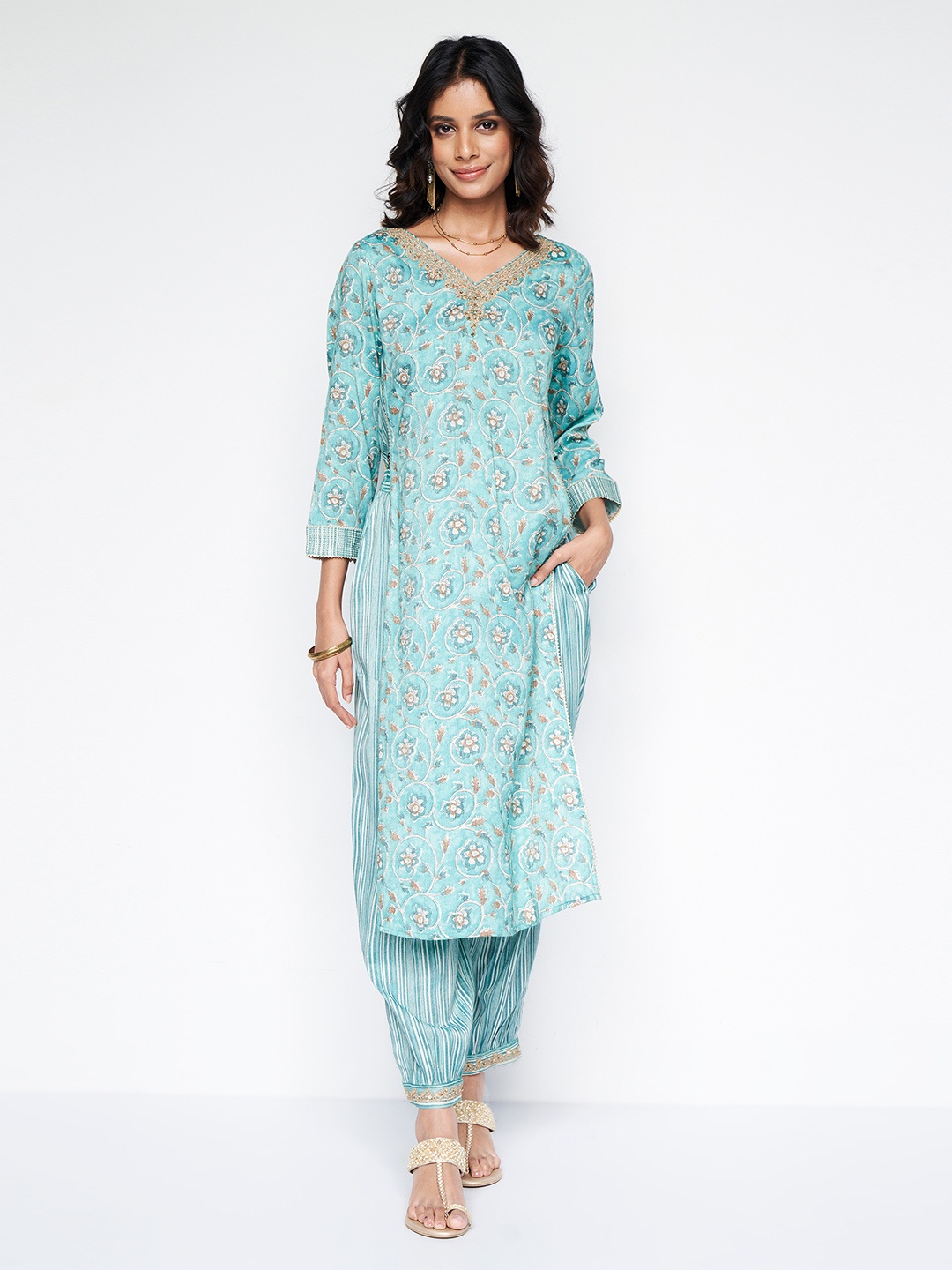 

Global Desi Floral Printed High Slit Thread Work Straight Kurta with Salwar, Blue