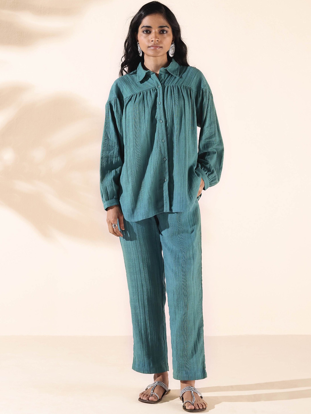 

trueBrowns Pure Cotton Shirt With Trousers Co-Ords, Turquoise blue