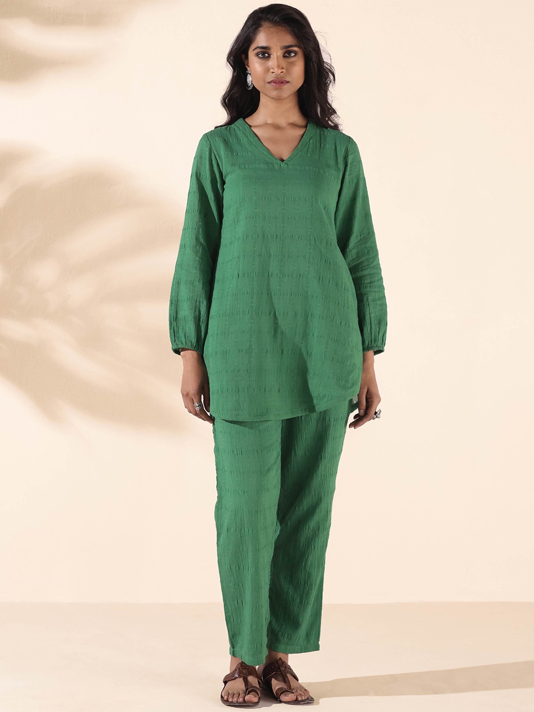 

trueBrowns Malang Woven Design Pure Cotton Tunic & Trousers Co-Ords Set, Green