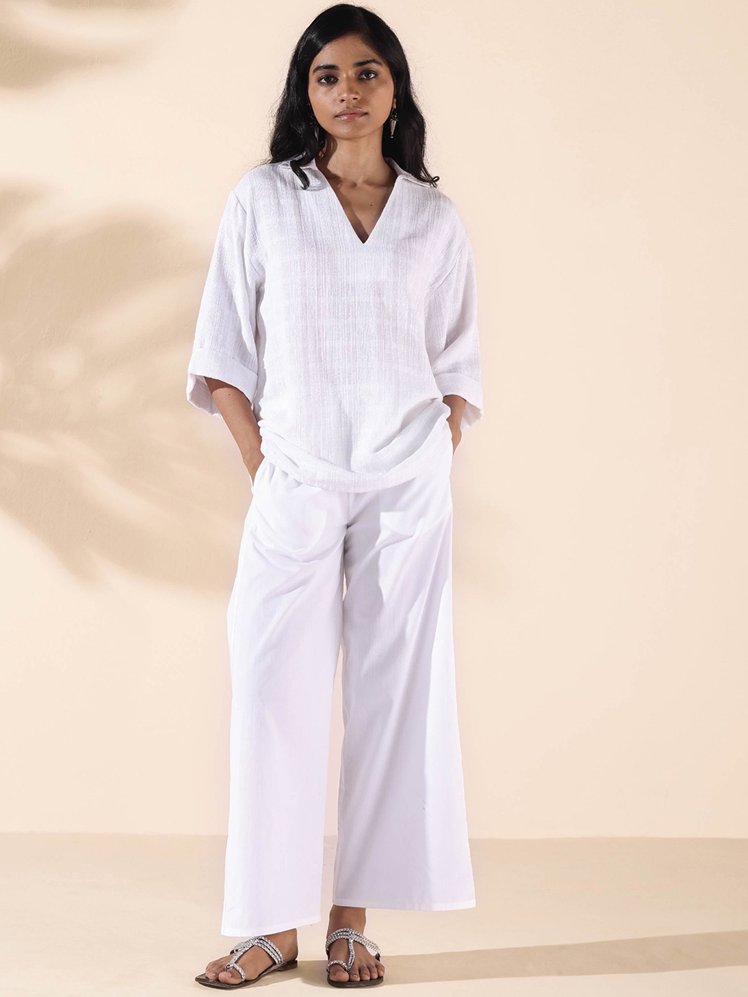 

trueBrowns Malang Cotton V-Neck Top With Trousers Co-Ords, White