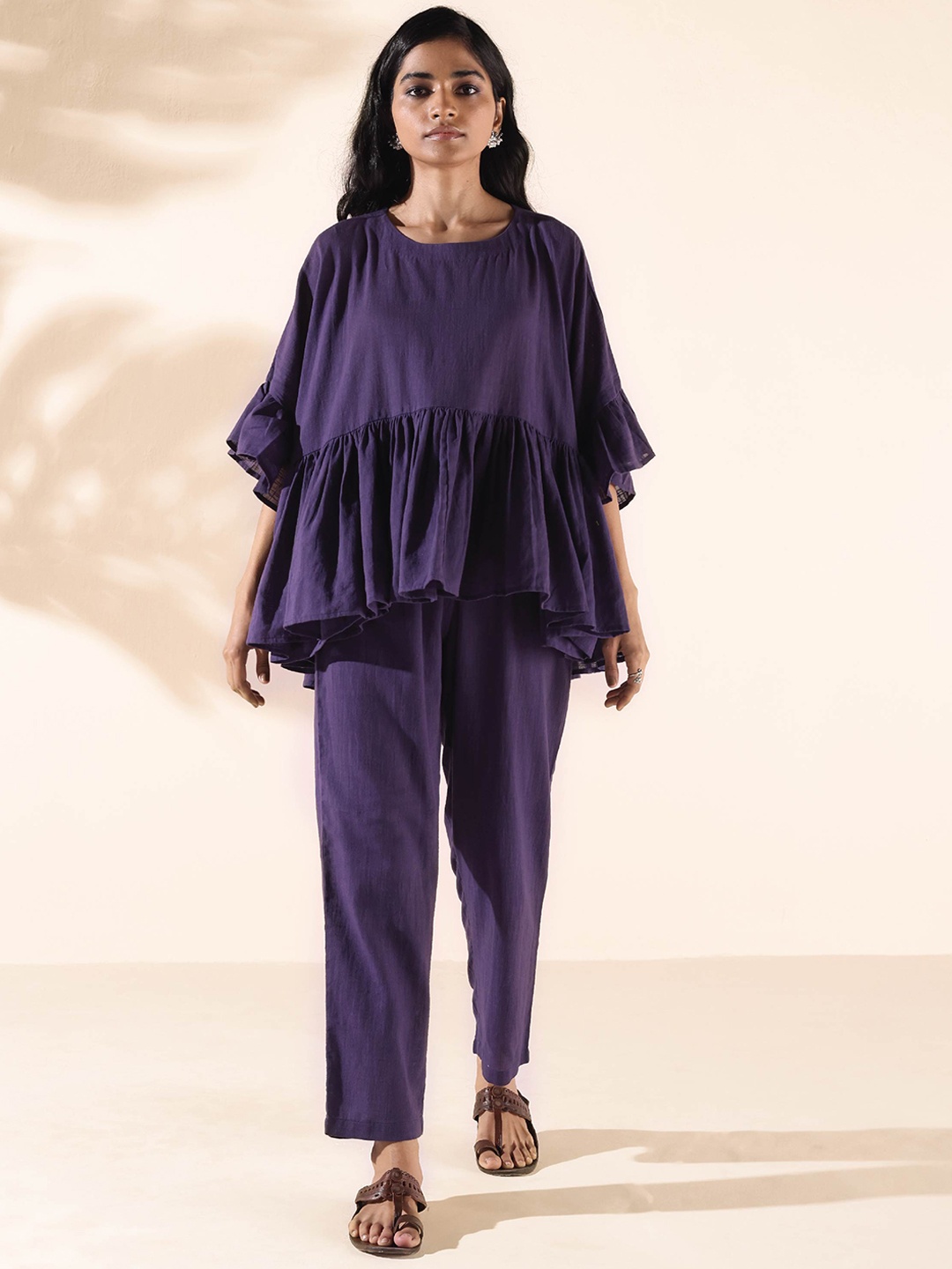 

trueBrowns Malang Pure Cotton Round Neck Top & Trousers Co-Ords, Purple