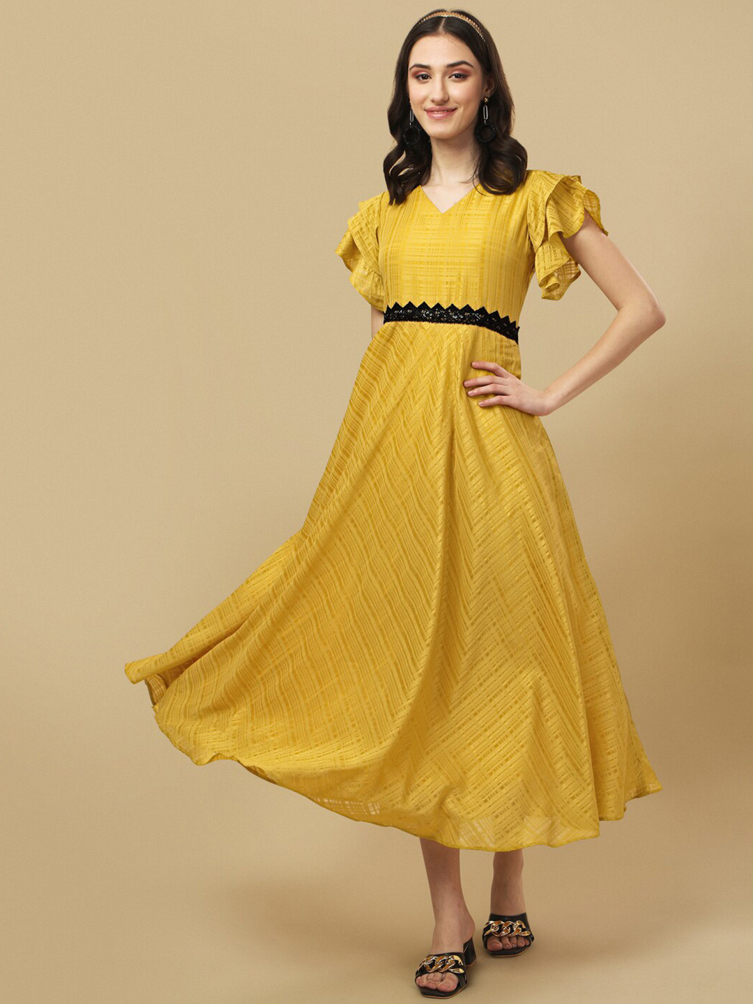 

KALINI Self Design Flutter Sleeve V-Neck Empire Midi Dress, Yellow