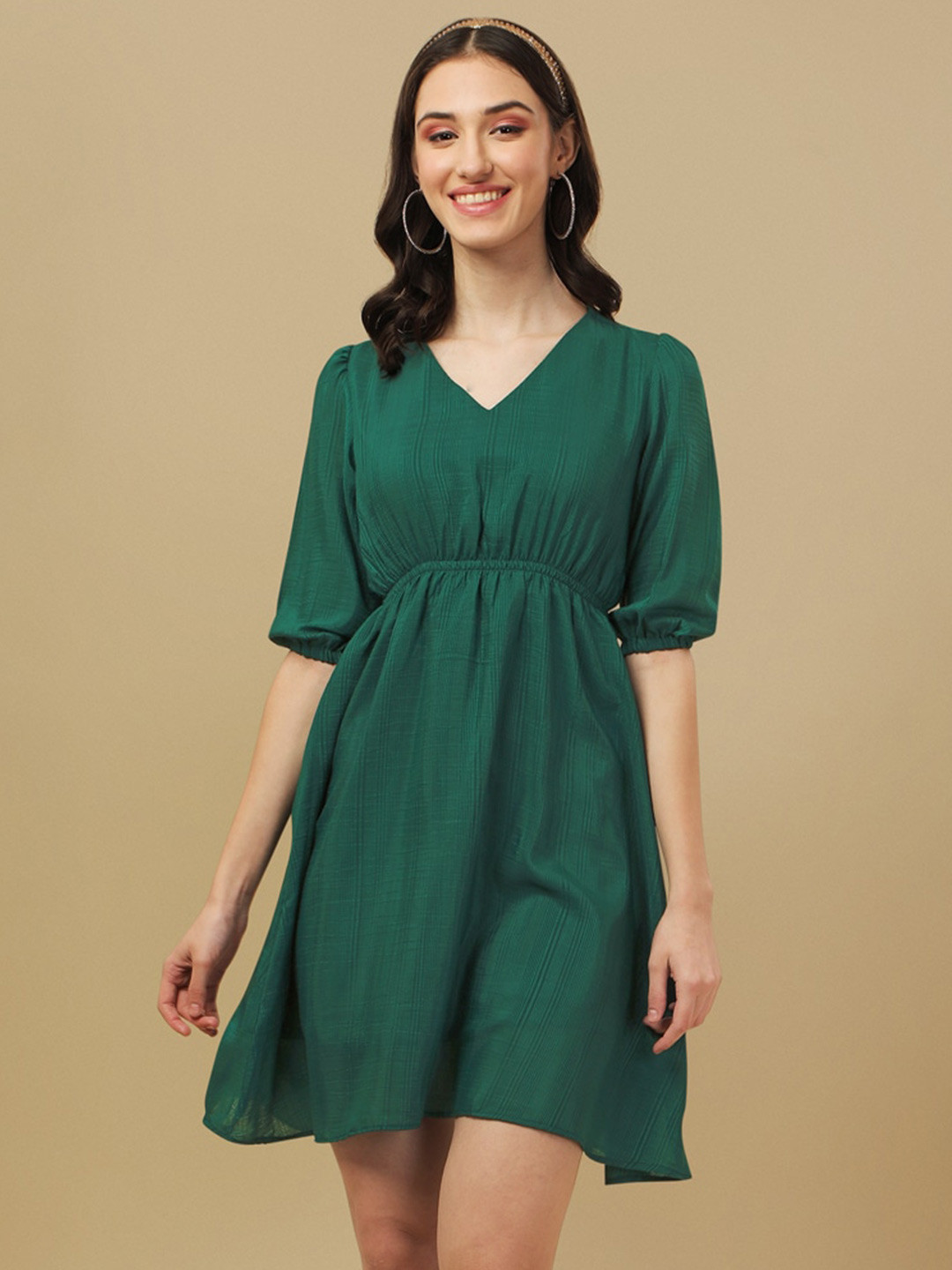 

KALINI V-Neck Puff Sleeves Fit & Flare Dress, Green