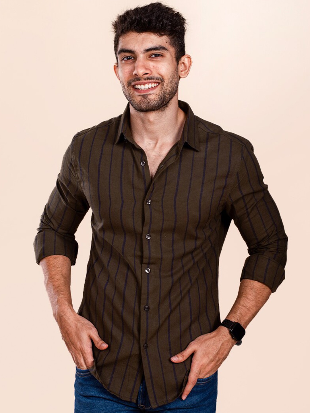 

The Bleu Label Classic Slim Fit Striped Cotton Casual Shirt, Olive