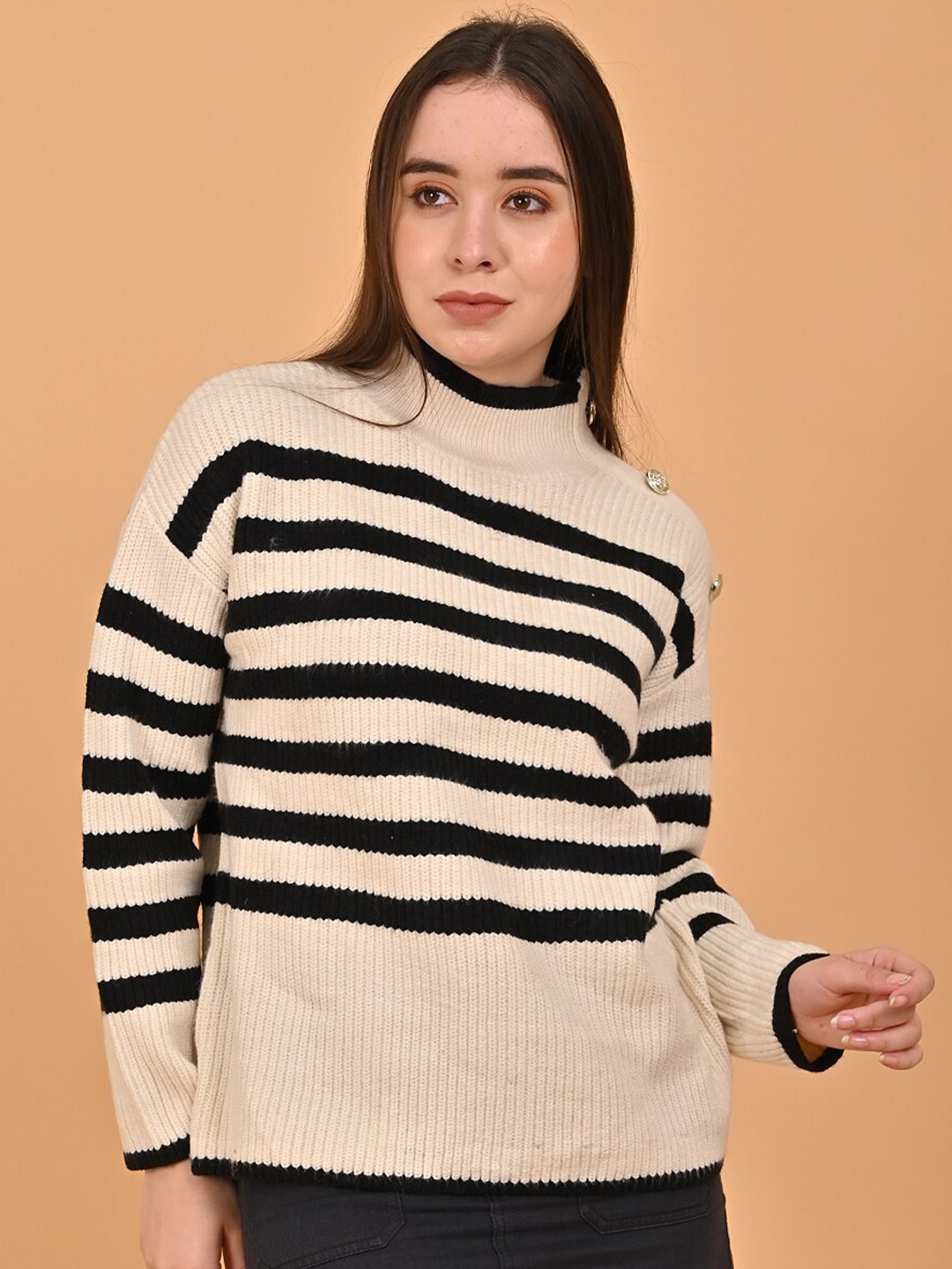 

NoBarr Striped Turtle Neck Full Sleeves Pullover Sweater, Beige