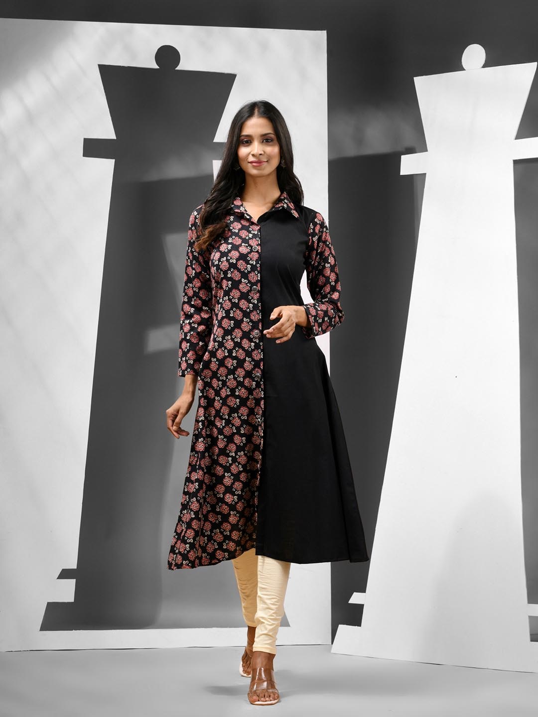 

Charukriti Floral Printed Shirt Collar Cotton A-line Kurta, Black