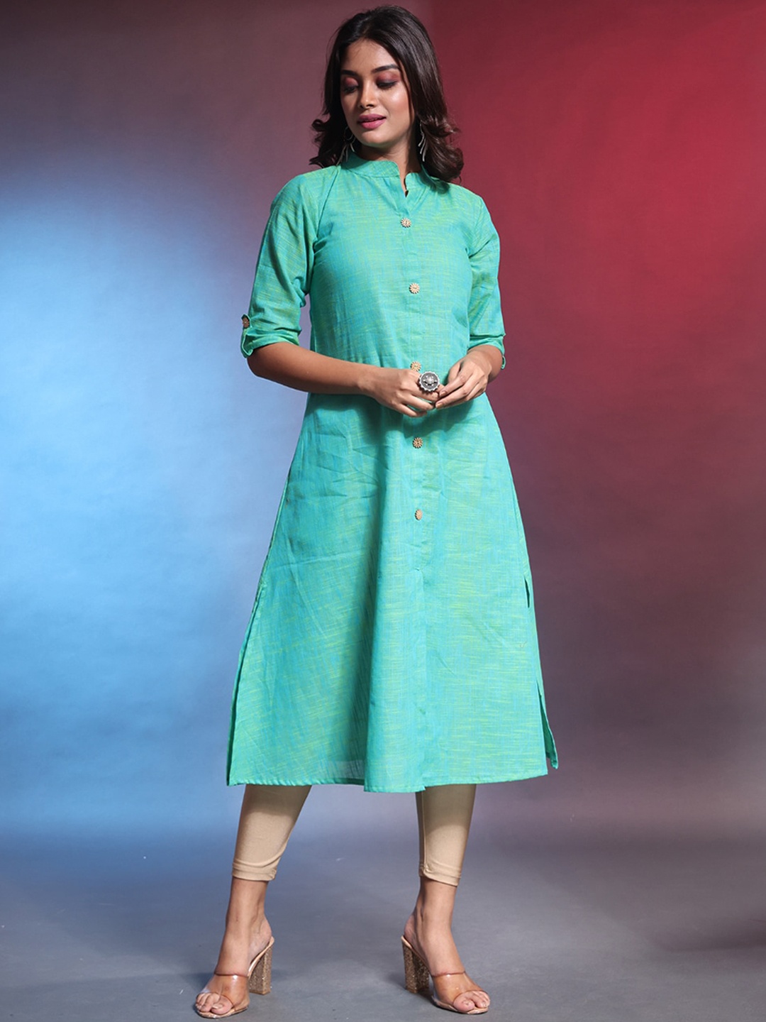 

Charukriti Mandarin Collar Cotton A-line Kurta, Green