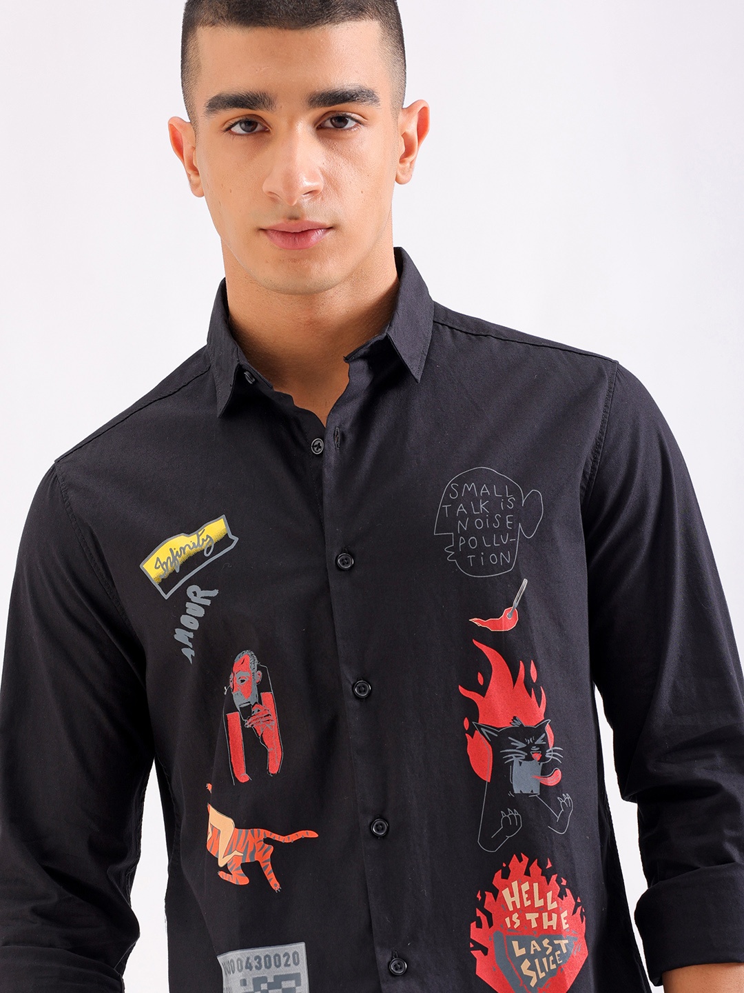 

The Indian Garage Co Slim Fit Graphic Printed Spread Collar Pure Cotton Shirt, Black