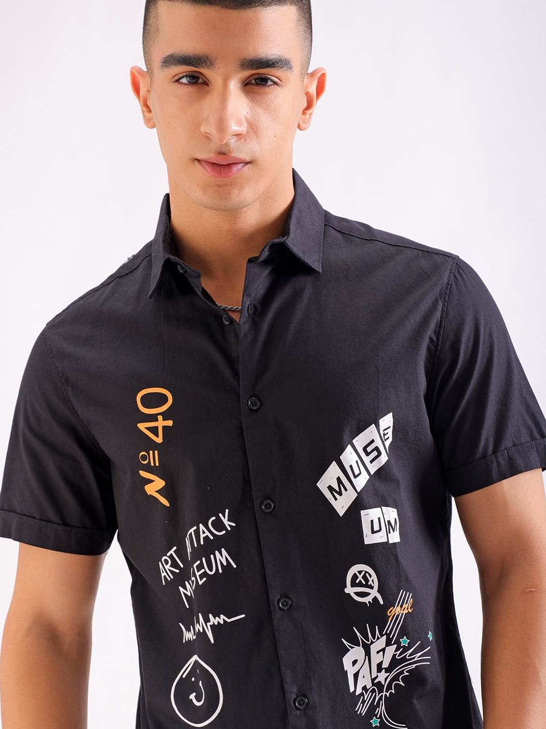 

The Indian Garage Co Slim Fit Graphic Printed Spread Collar Pure Cotton Shirt, Black