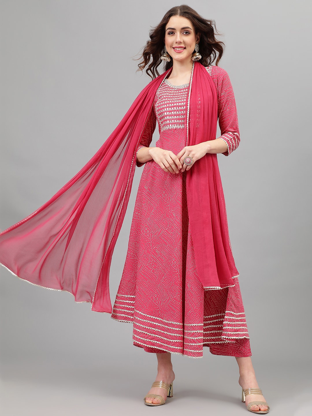Khushal K Women Ethnic Motifs Embroidered Empire Mirror Work Kurta with Palazzos & With Dupatta, Pink