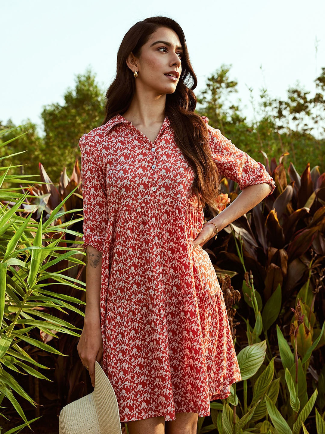 

Bombay High Women Floral Print Shirt Collar Tiered Short Dress, Orange