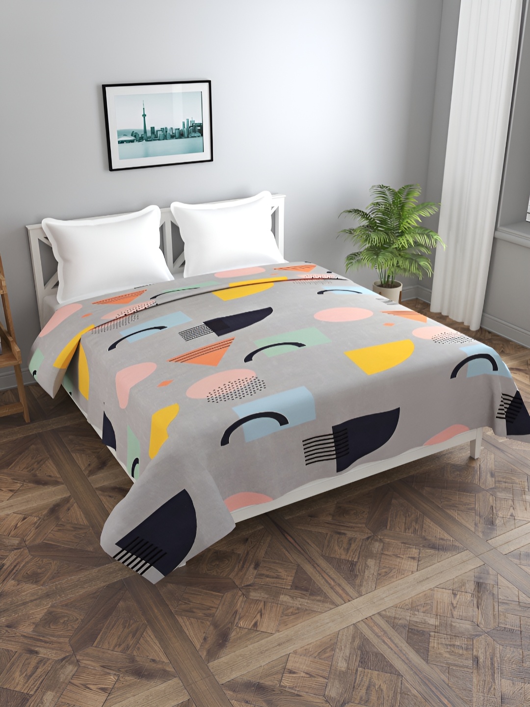 

MORADO Grey & Peach coloured Printed Cotton Double Queen Duvet Cover