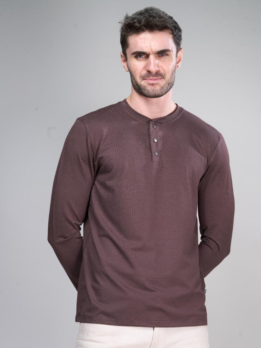 

INTERWOVE Henley Neck Long Sleeves Bamboo Slim Fit T-shirt, Brown