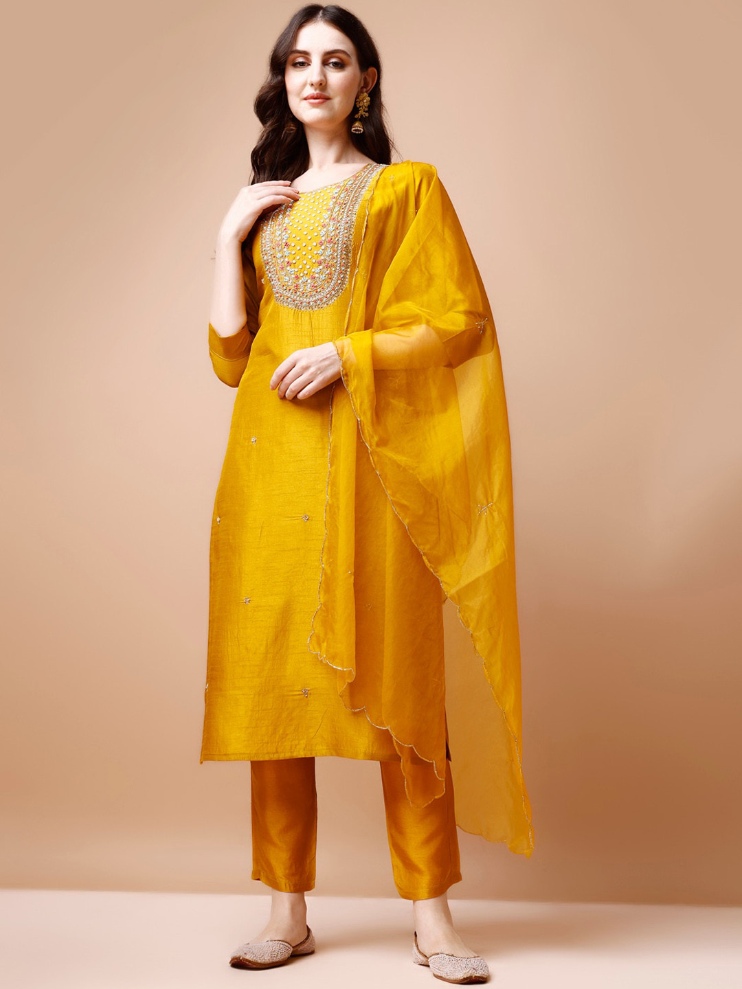 

Berrylicious Ethnic Motifs Beads & Stones Chanderi Cotton Kurta with Trouser & Dupatta, Mustard