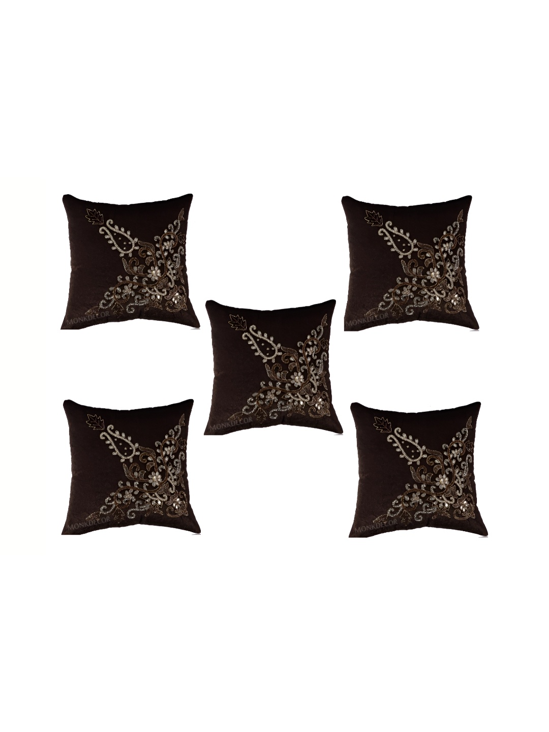 MONKDECOR Brown & White Set of 5 Geometric Velvet Square Cushion Covers