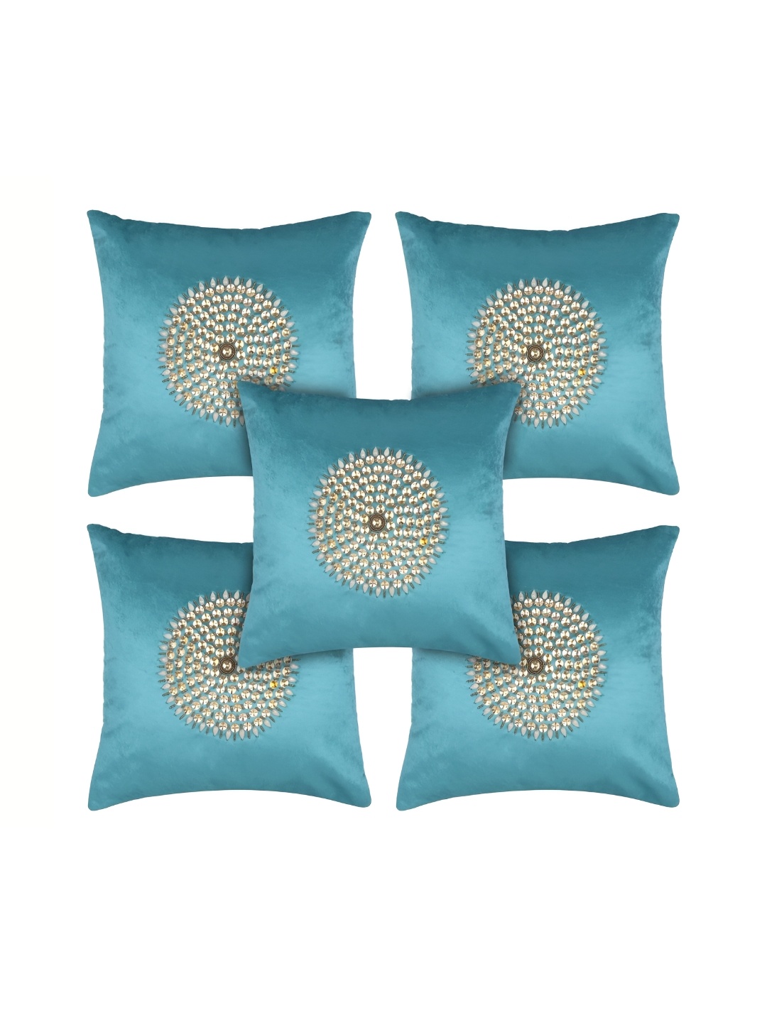 

MONKDECOR Sea Green & Beige Set of 5 Geometric Velvet Square Cushion Covers
