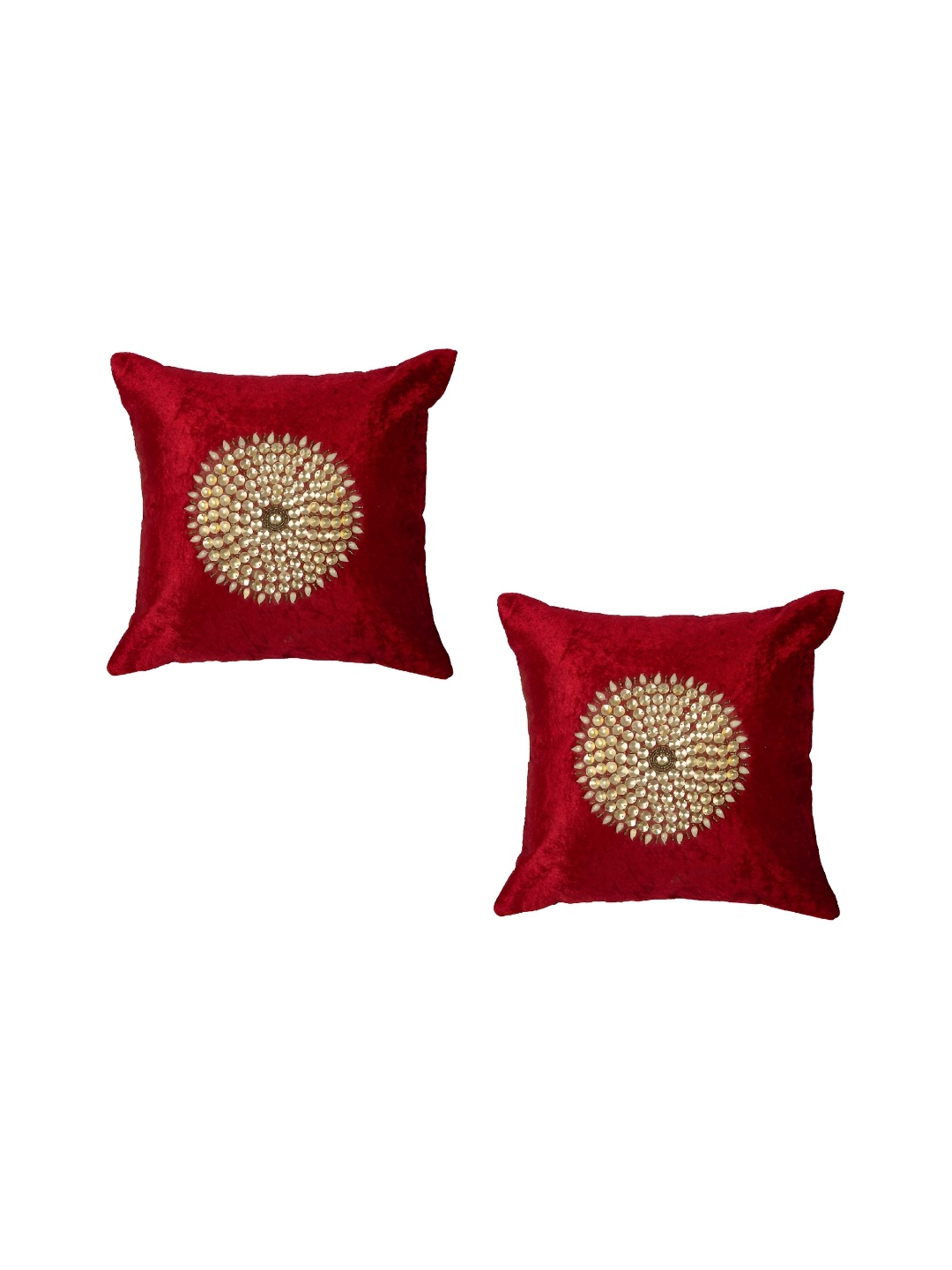 

MONKDECOR Maroon & Beige Set of 2 Embellished Velvet Square Cushion Covers