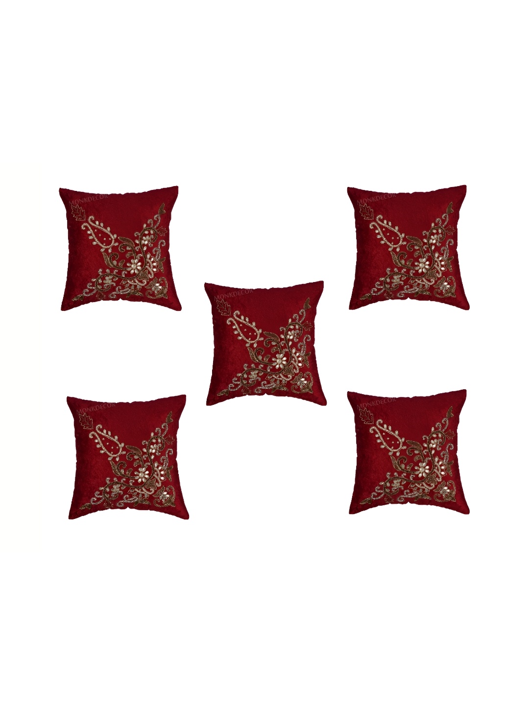 MONKDECOR Maroon & Beige Set of 5 Floral Velvet Square Cushion Covers