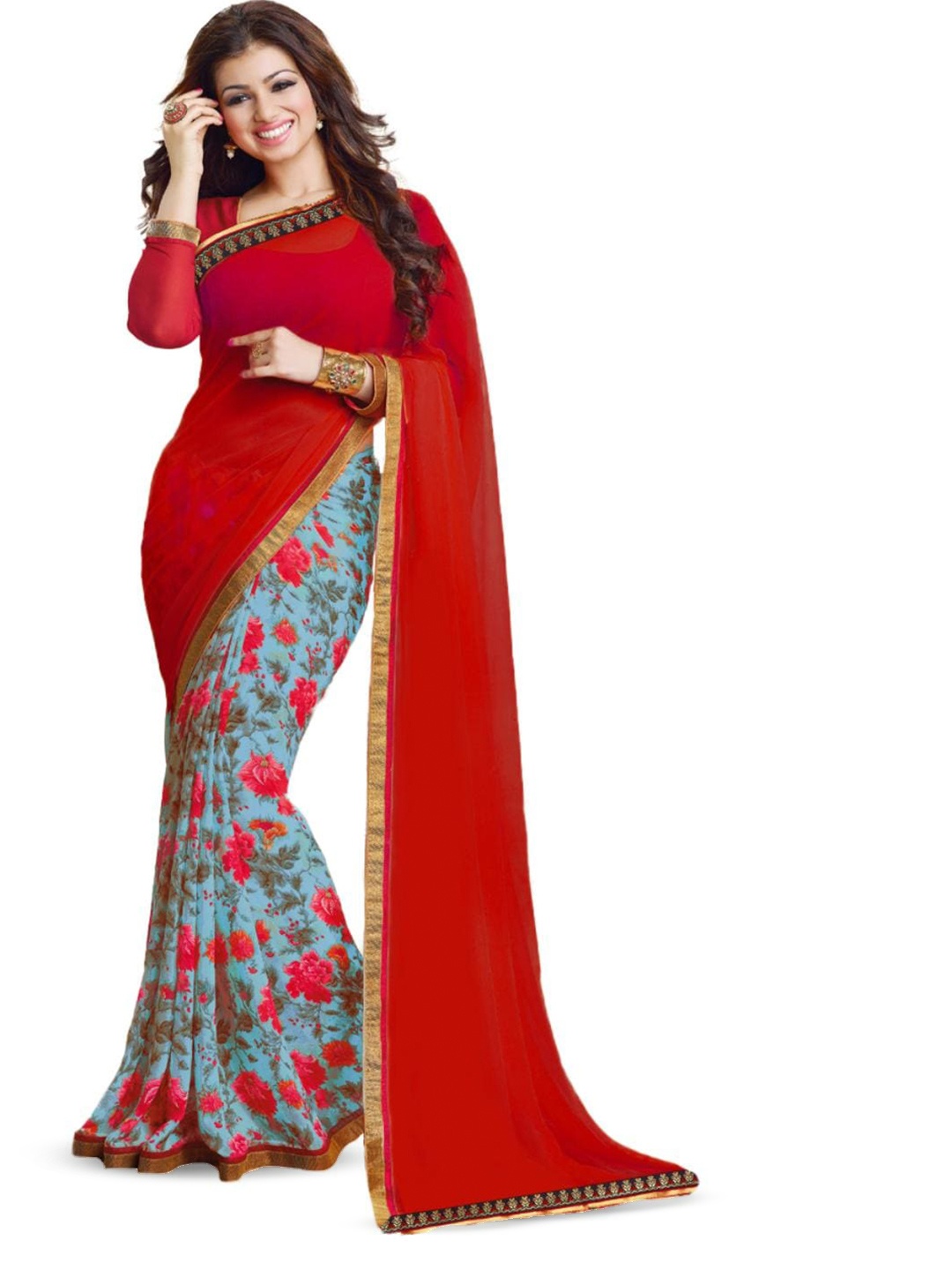 

SM TRENDZ Floral Pure Georgette Half and Half Bhagalpuri Saree, Red