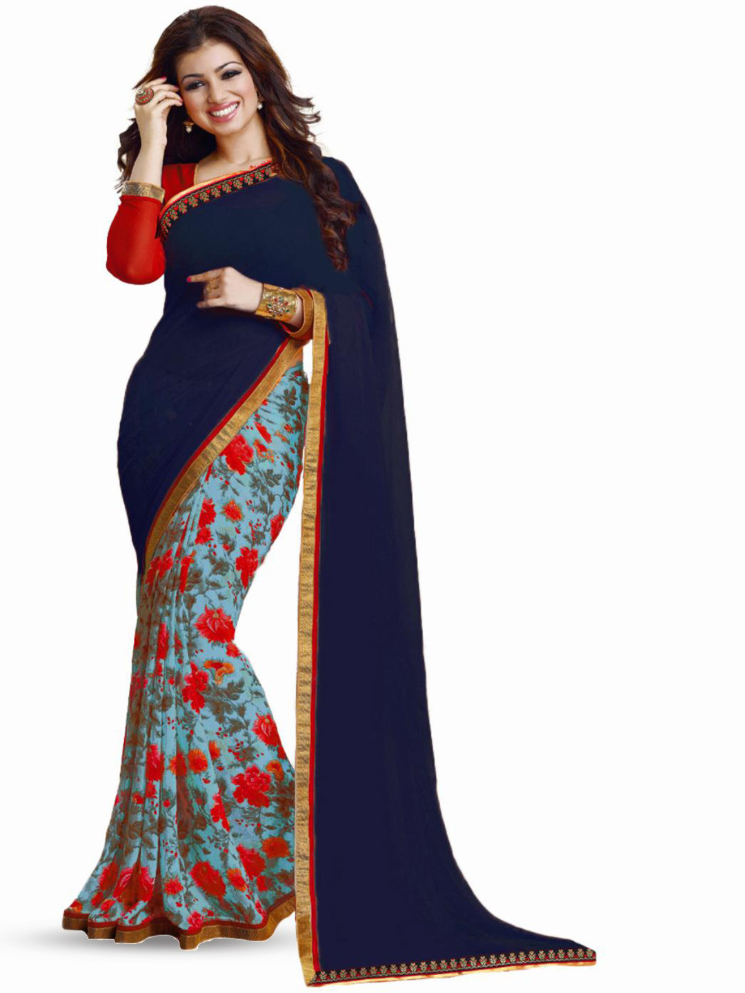 

SM TRENDZ Floral Printed Pure Georgette Half & Half Saree, Navy blue