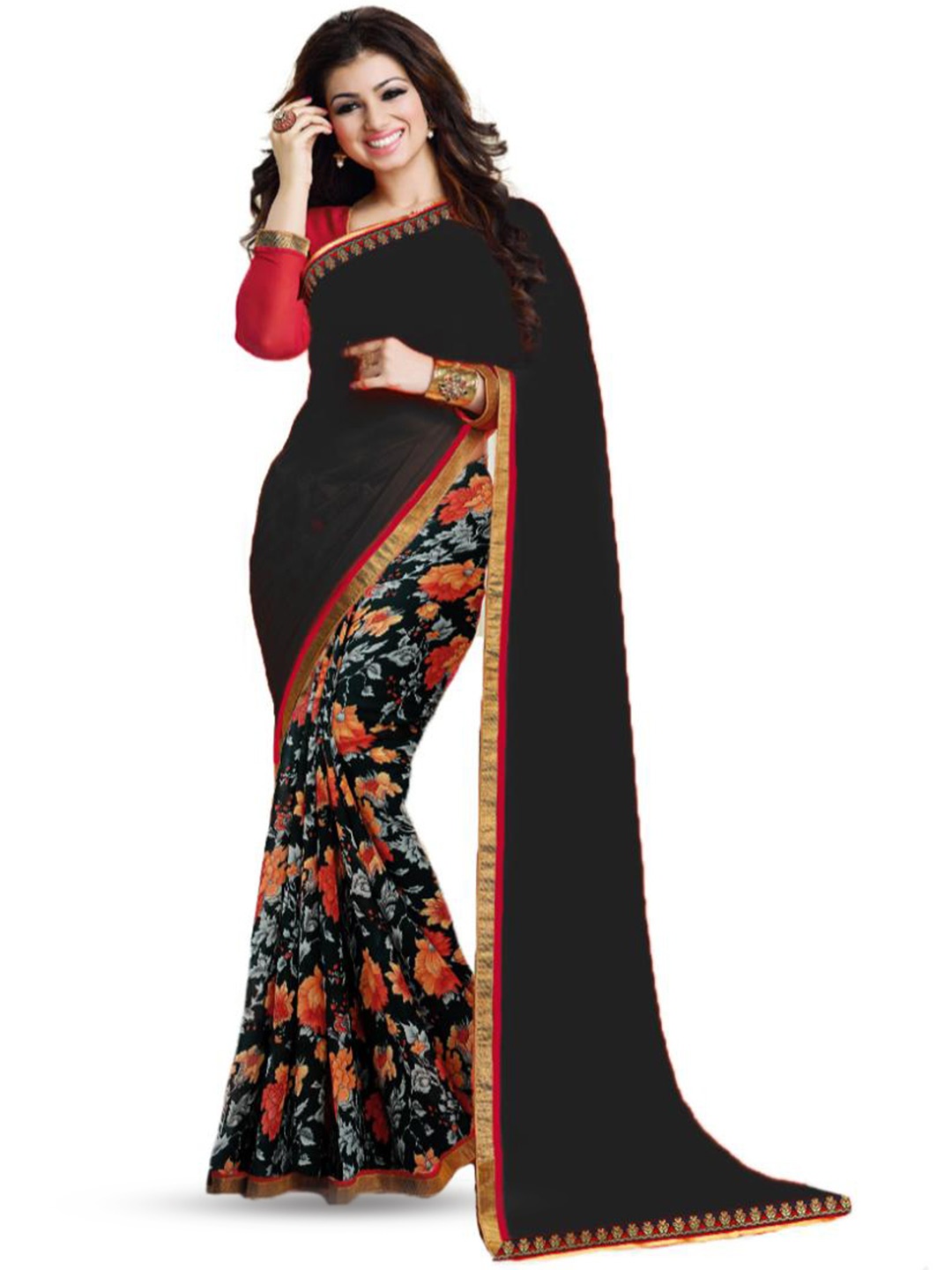 

SM TRENDZ Floral Printed Pure Georgette Half & Half Saree, Black
