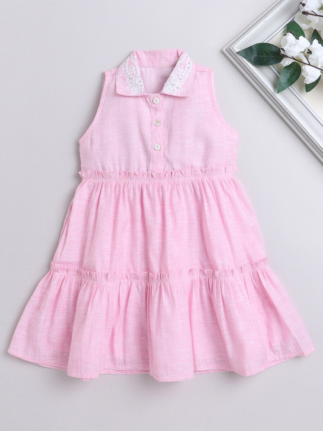 

The Magic Wand Girls Shirt Collar Cotton Fit & Flare Dress, Pink