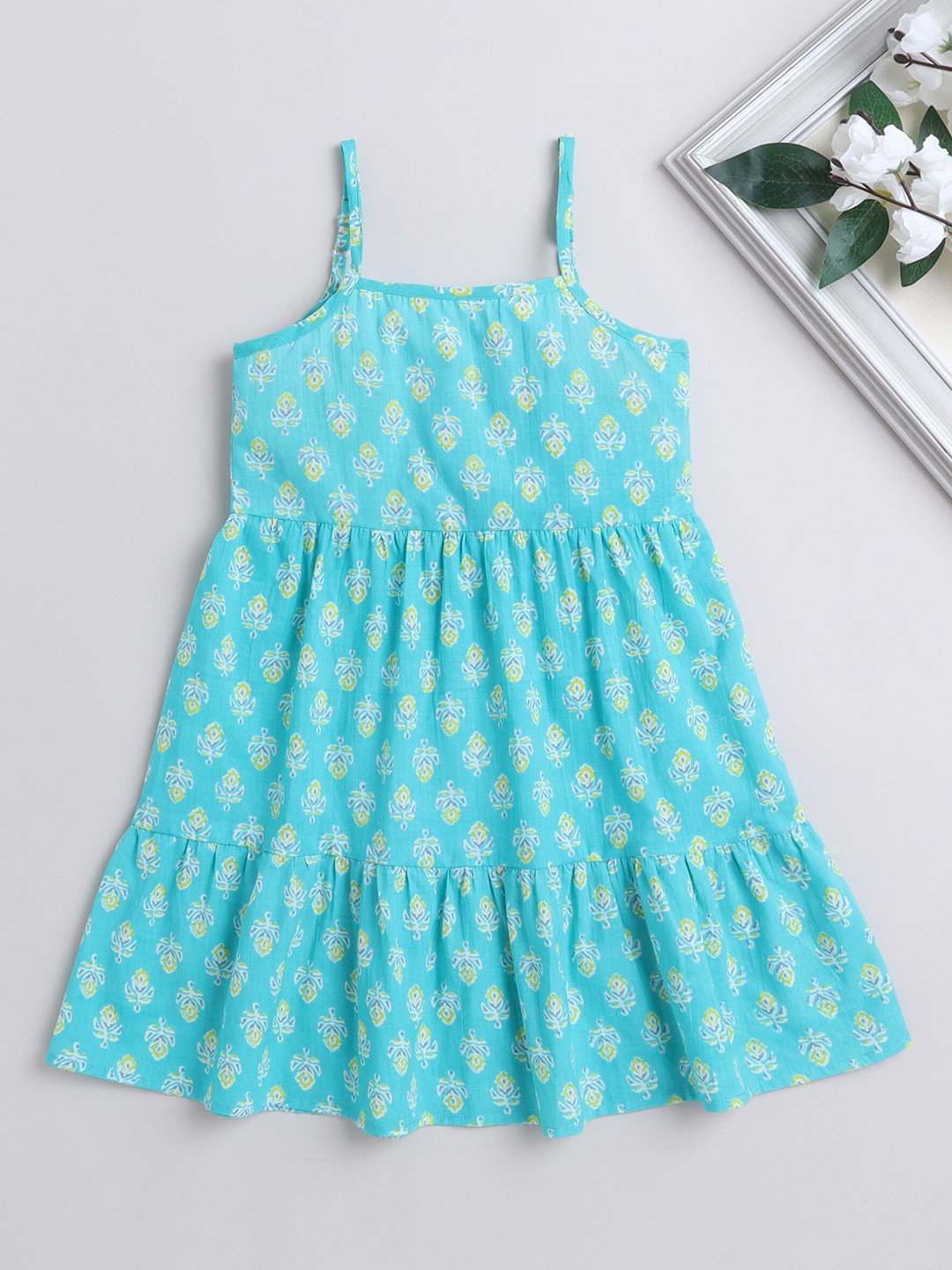 

The Magic Wand Girls Floral Print Shoulder Straps Cotton A-Line Dress, Blue