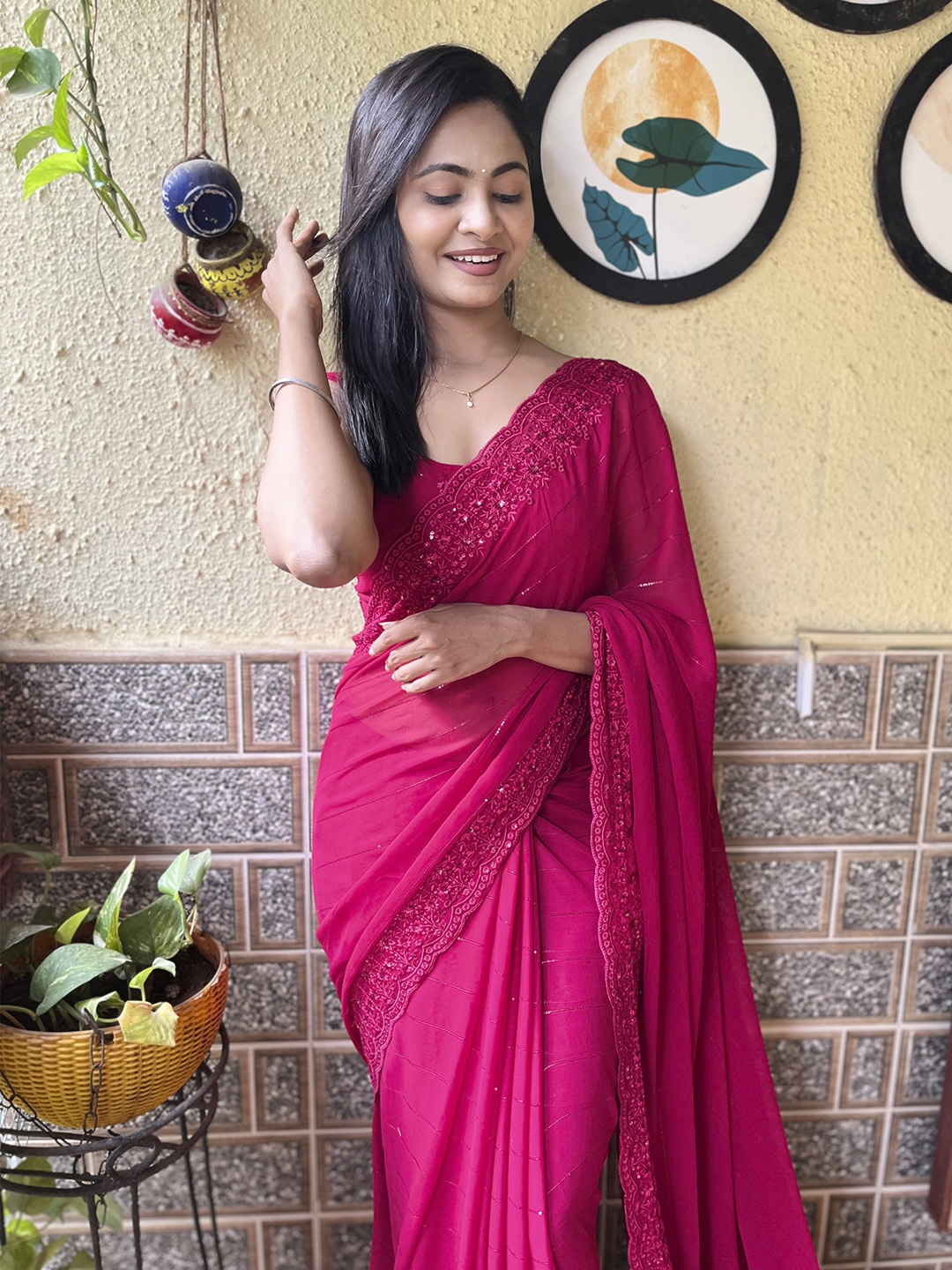 

Mitera Striped Embellished Saree, Pink
